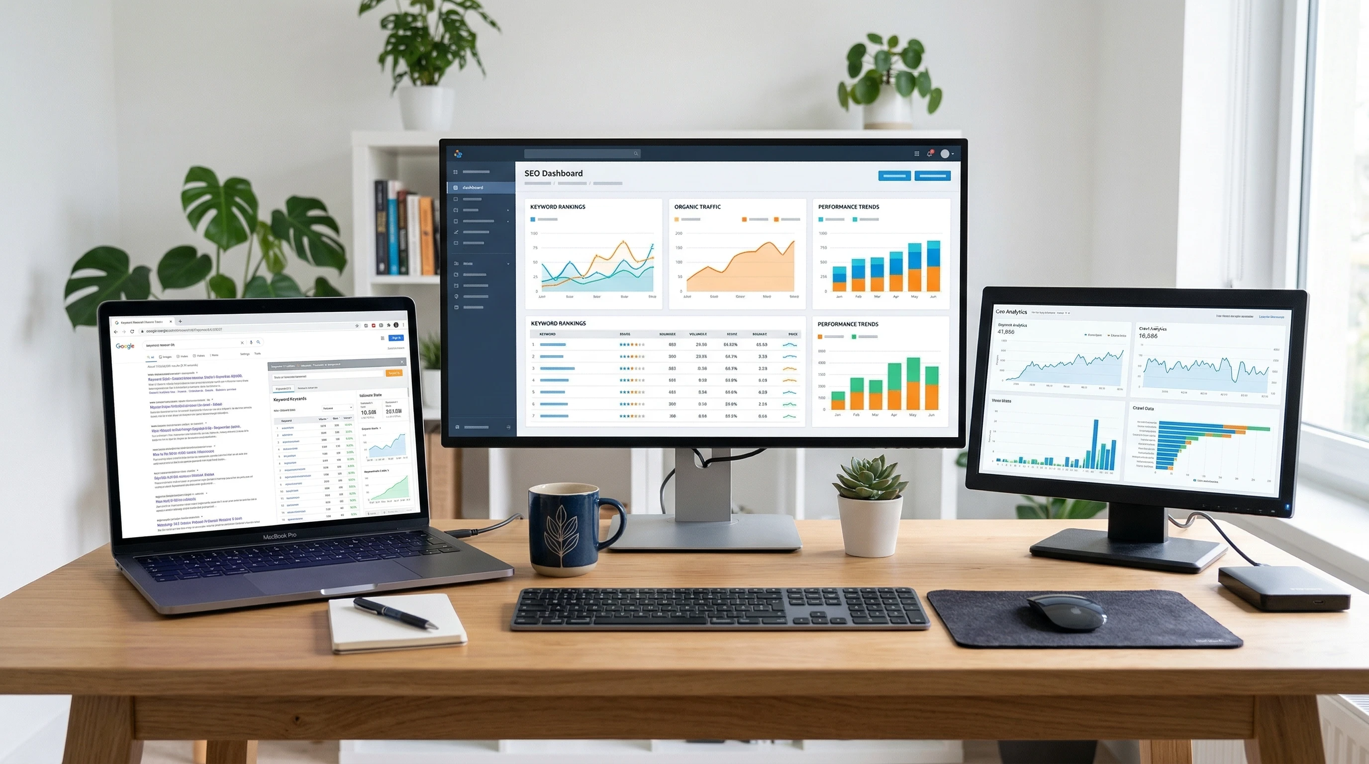 Simple dashboard computer workspace for SEO with charts, browser windows, and checklists on screen, bright clean colors, no people
