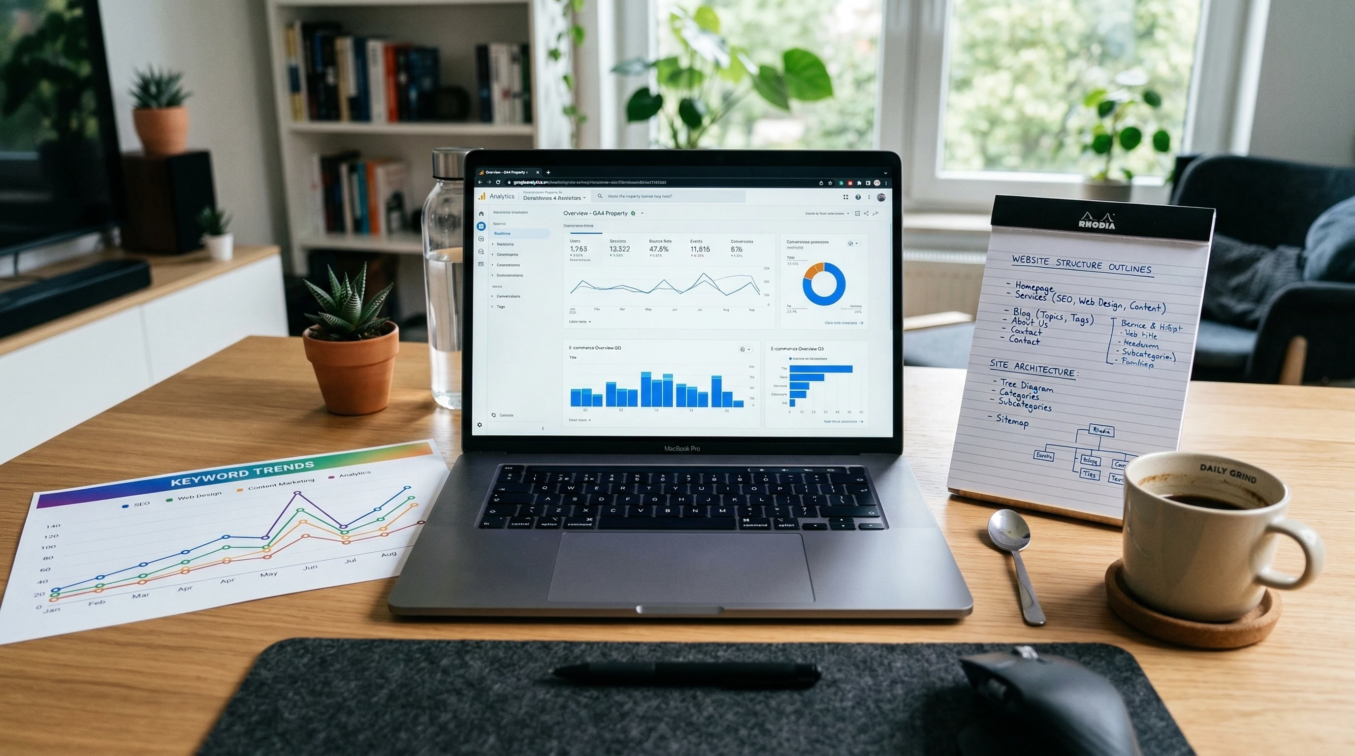 Screenshot of a modern affiliate marketing website dashboard and workspace with laptops, coffee, and a colorful SEO chart