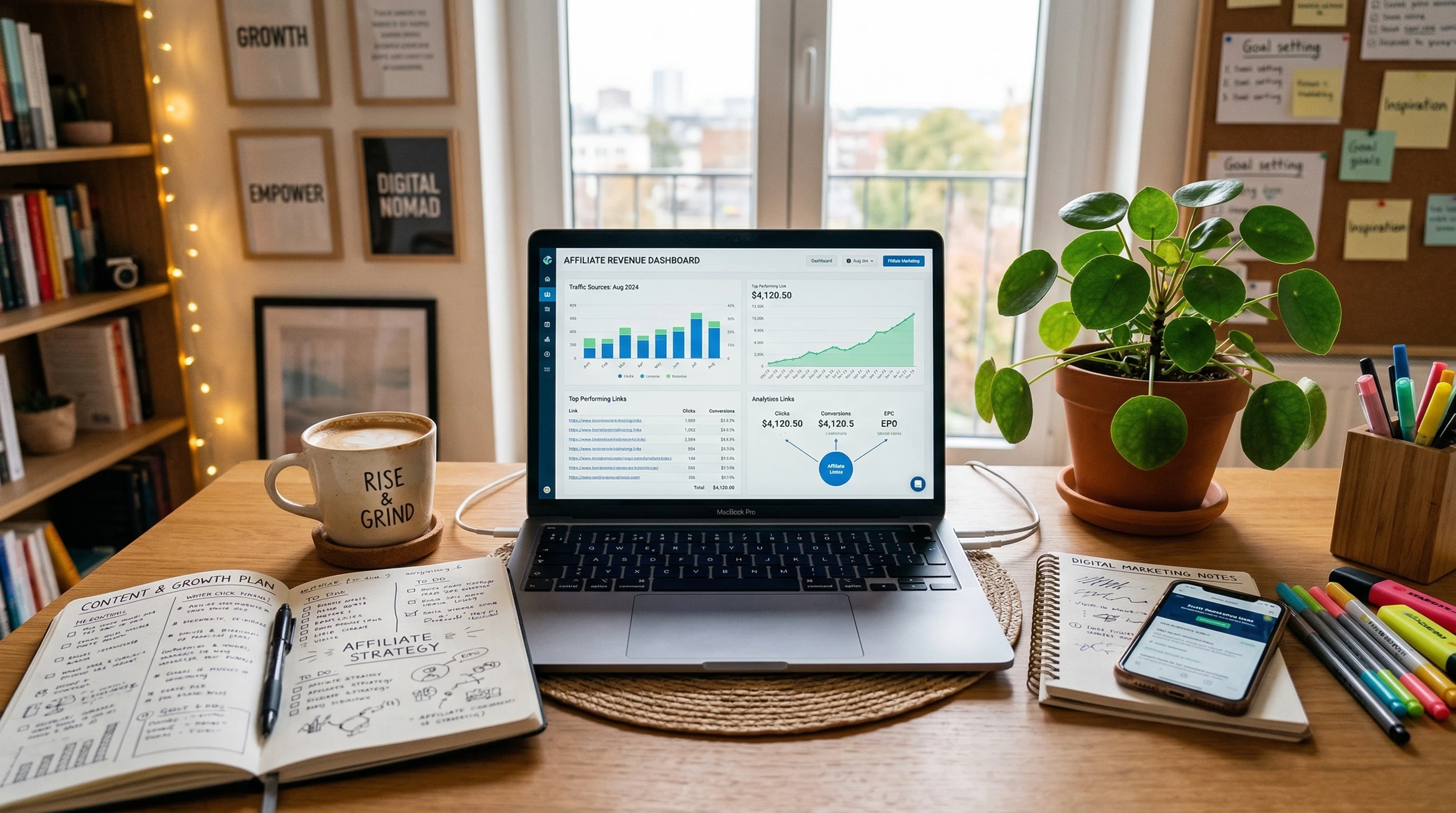 A vibrant desk setup showing a laptop displaying affiliate marketing charts, surrounded by planner notebooks, coffee, and a plant. The atmosphere is cozy and inspirational, suggesting focused learning and digital entrepreneurship.