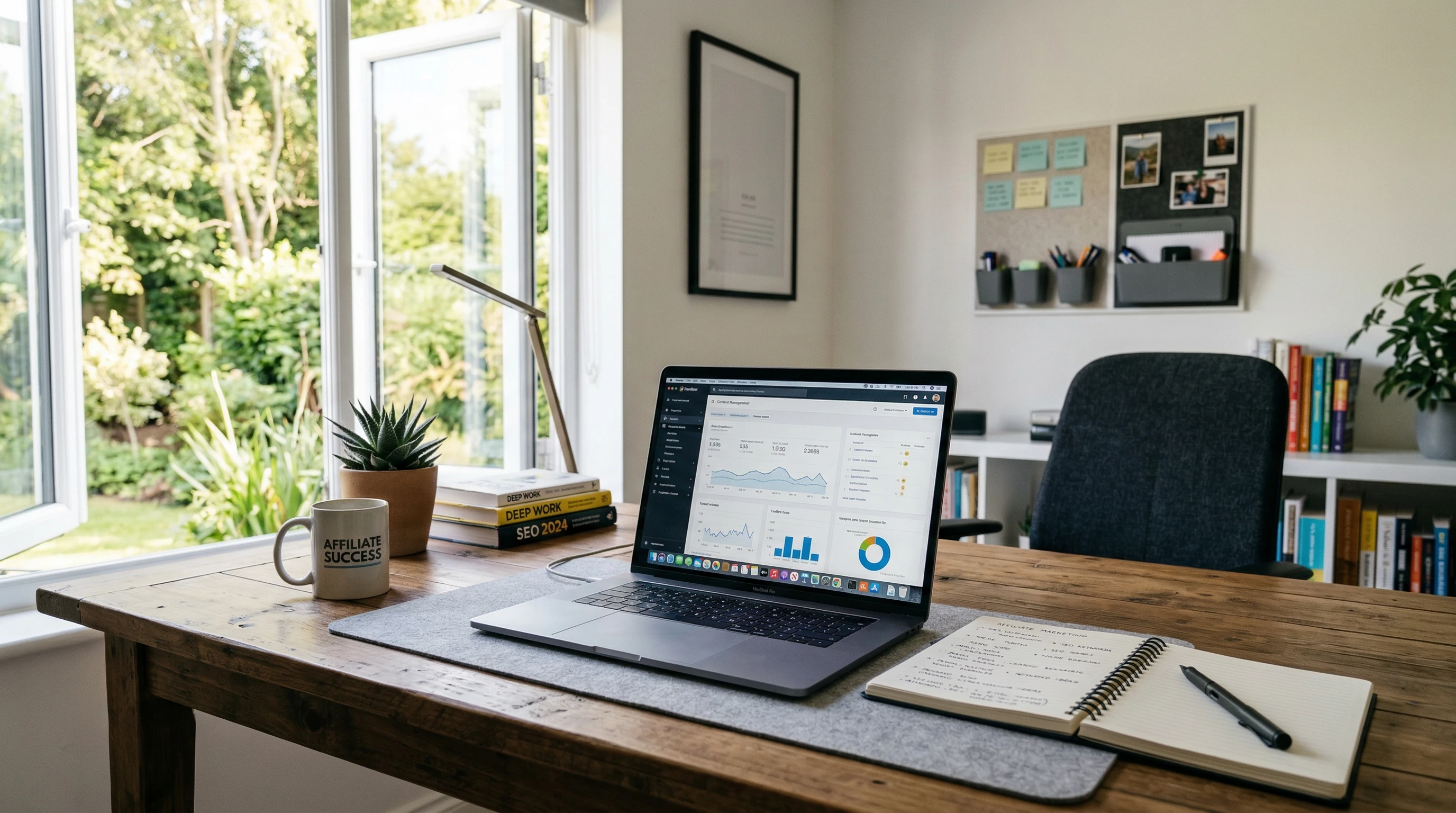 A home office workspace with a laptop, content planning tools, and affiliate dashboards open, representing affiliate site growth and strategy.