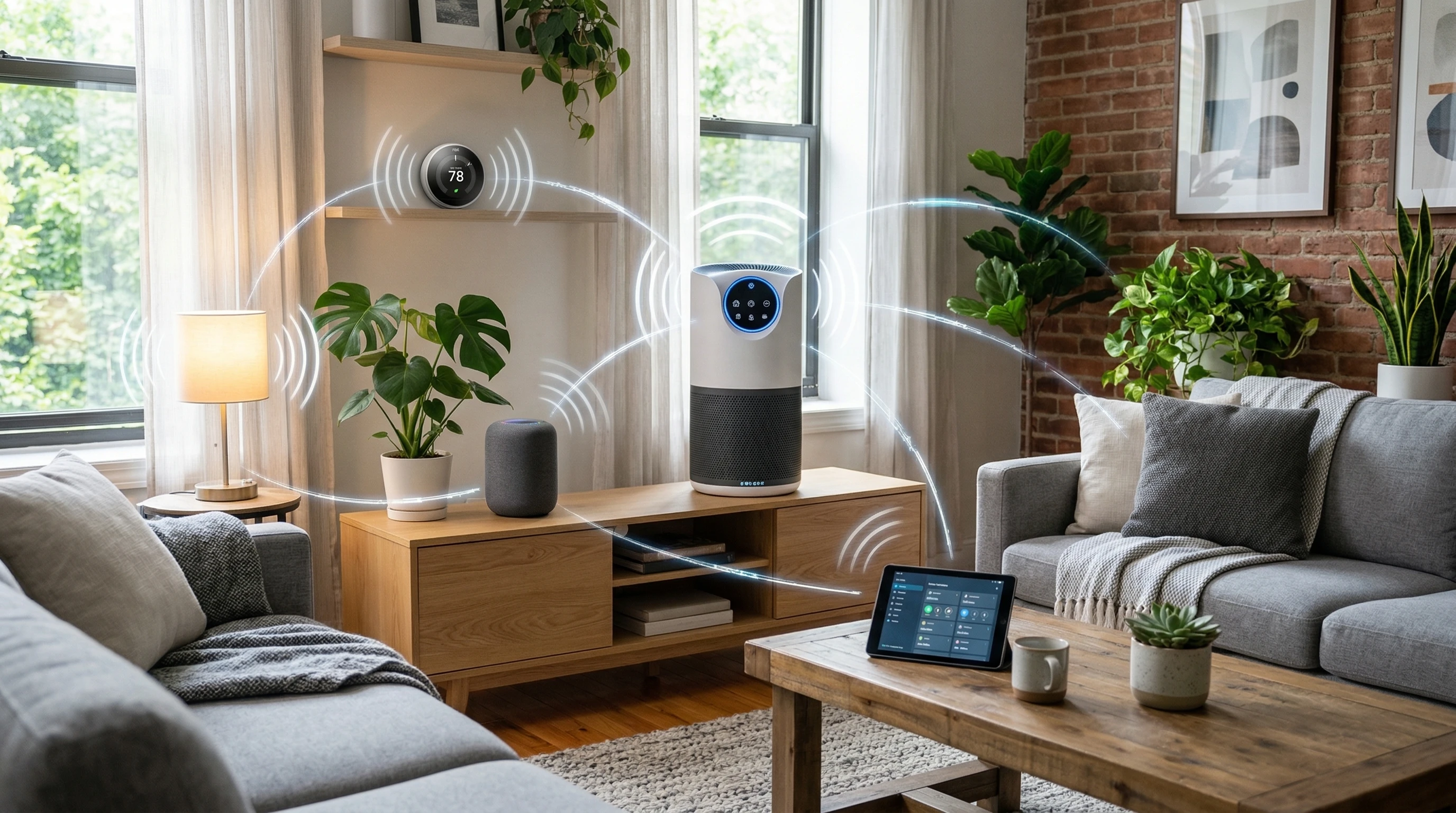 Visual of a modern smart home living room featuring a sleek Matter‑compatible air purifier among other connected devices with visible signal lines indicating communication between them.