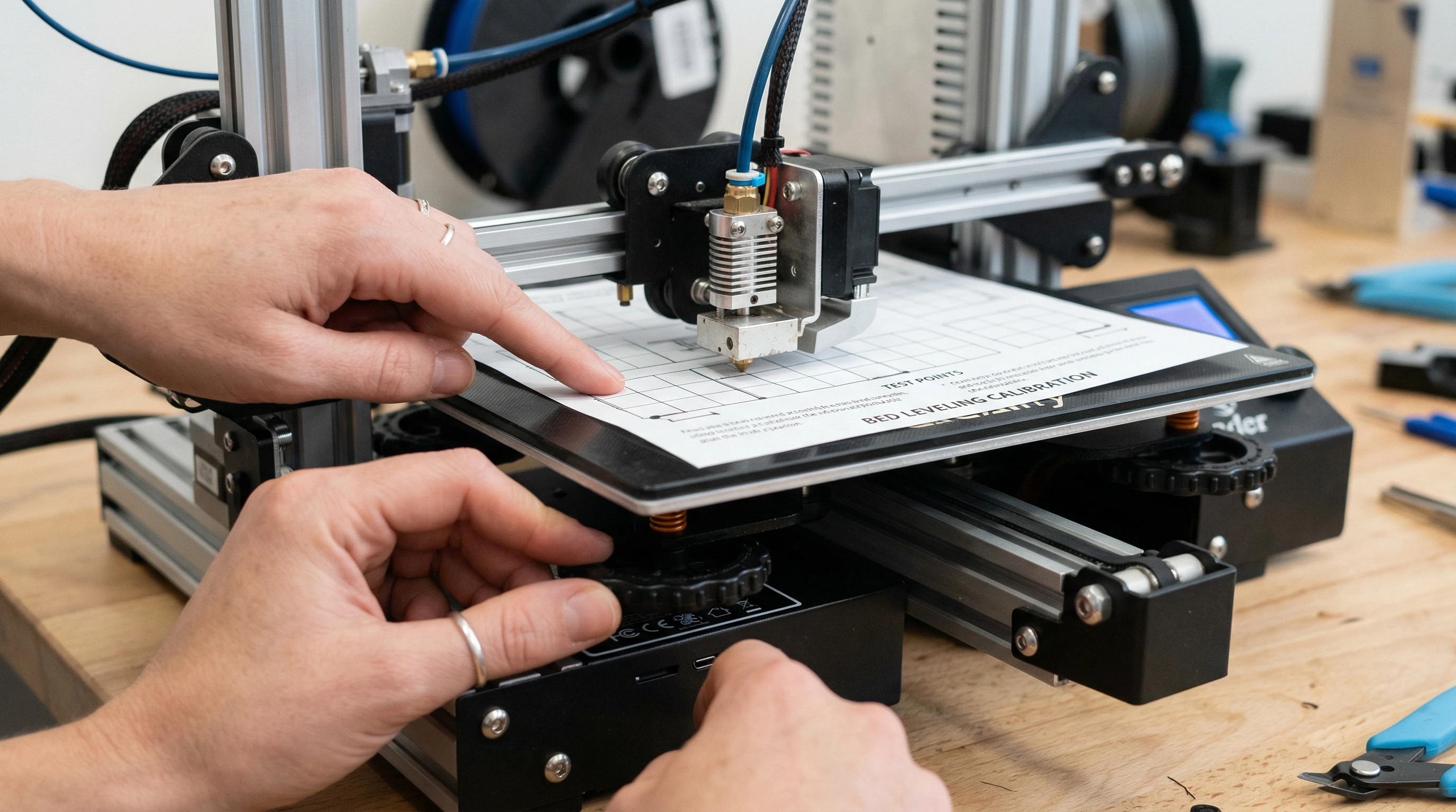 A close-up 3D printer build plate with a sheet of paper under the nozzle, being leveled.
