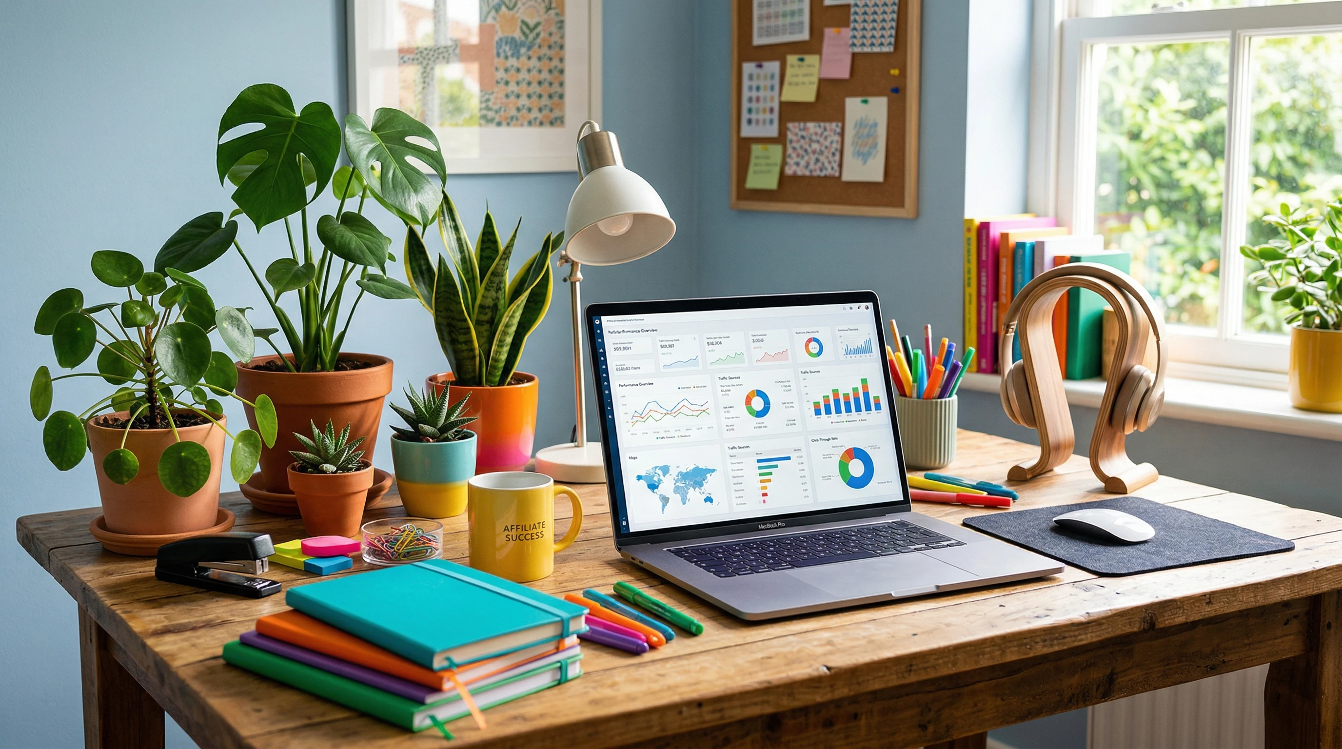 A modern workspace with a laptop showing affiliate marketing analytics, next to a notebook, coffee, and a minimalist decor. Bright colors and soft sunlight.