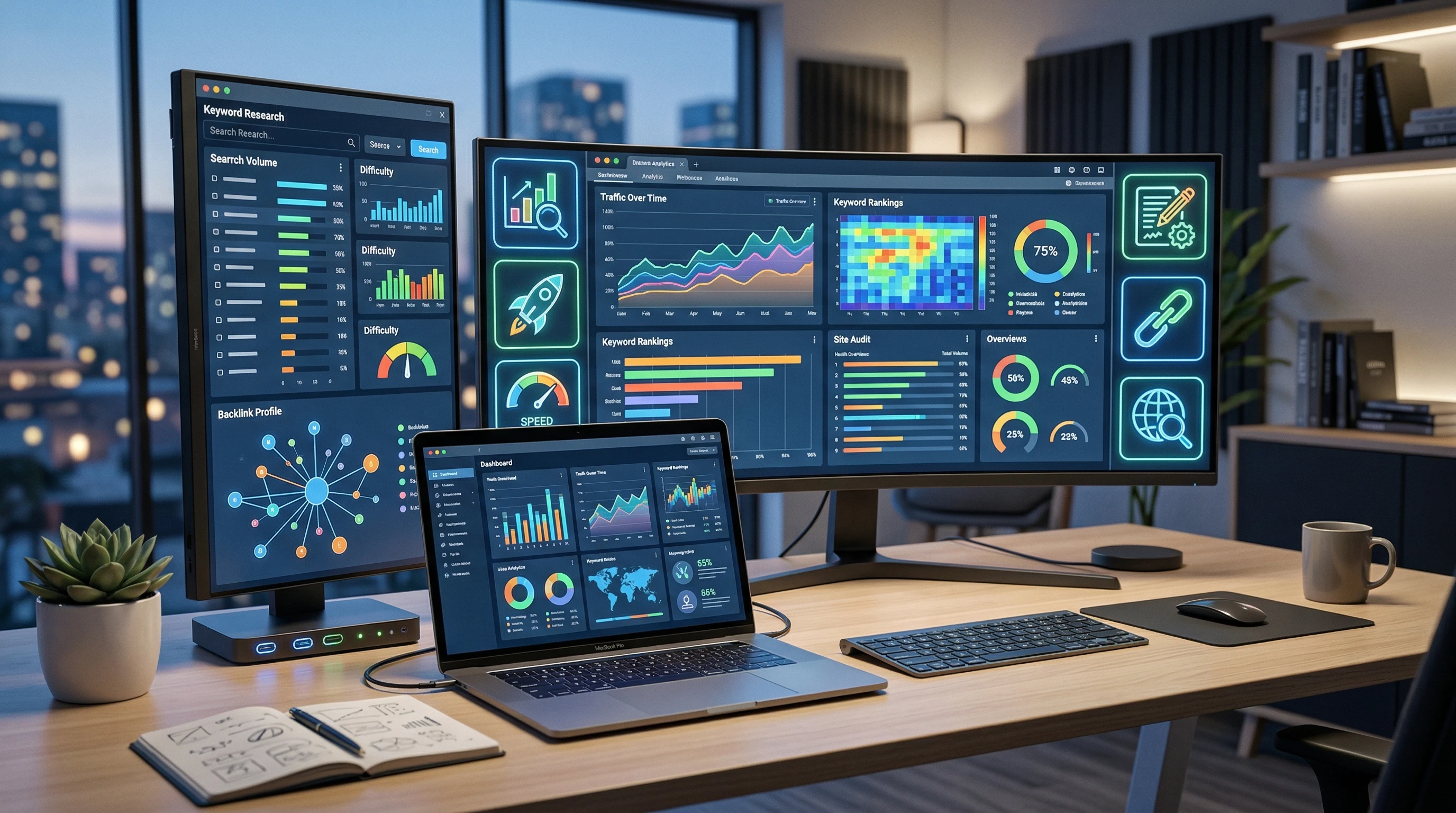 Illustration showing SEO and website growth tools on multiple digital dashboards