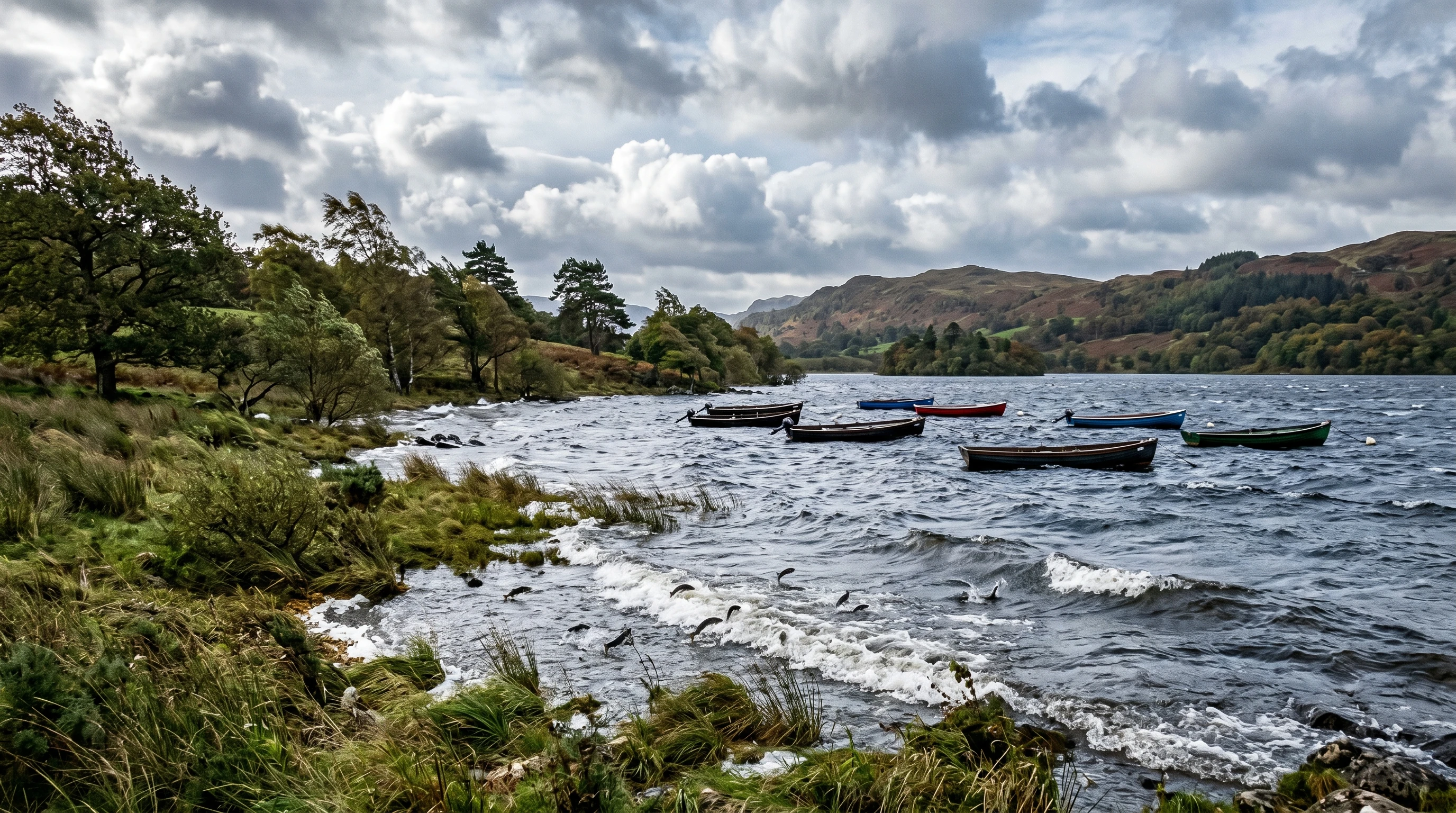 A fishing boat bobbing on choppy water with visible windswept waves and ripples, trees leaning in the wind, and scattered clouds overhead.