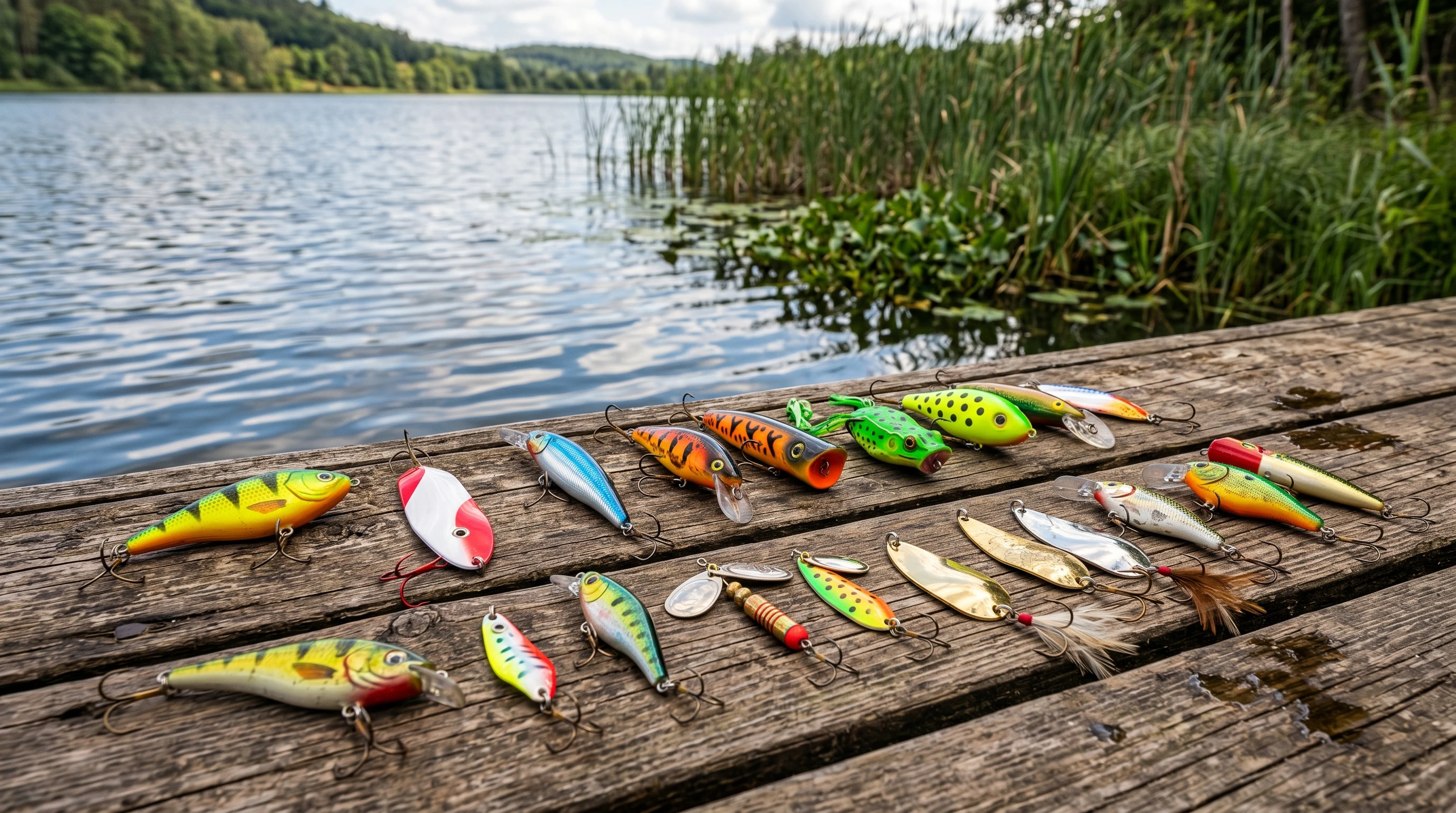 A selection of fishing lures arranged on a wood surface next to a shoreline with water and reeds in the background.