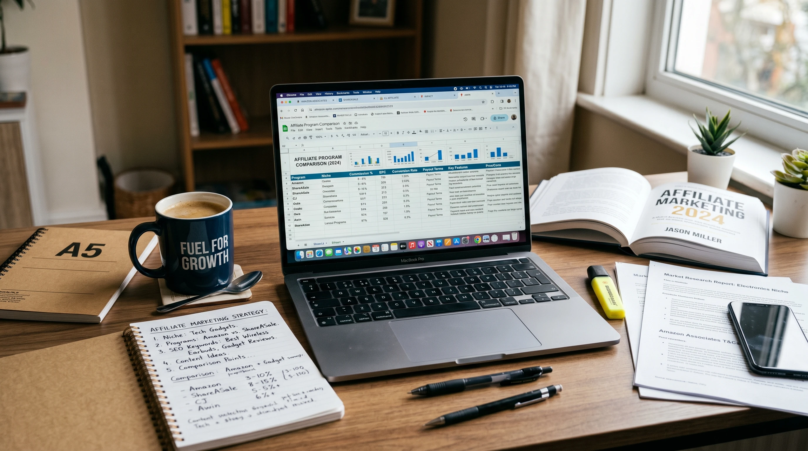 A laptop on a desk surrounded by notes, a cup of coffee, and study materials, representing online affiliate marketing research and comparison.