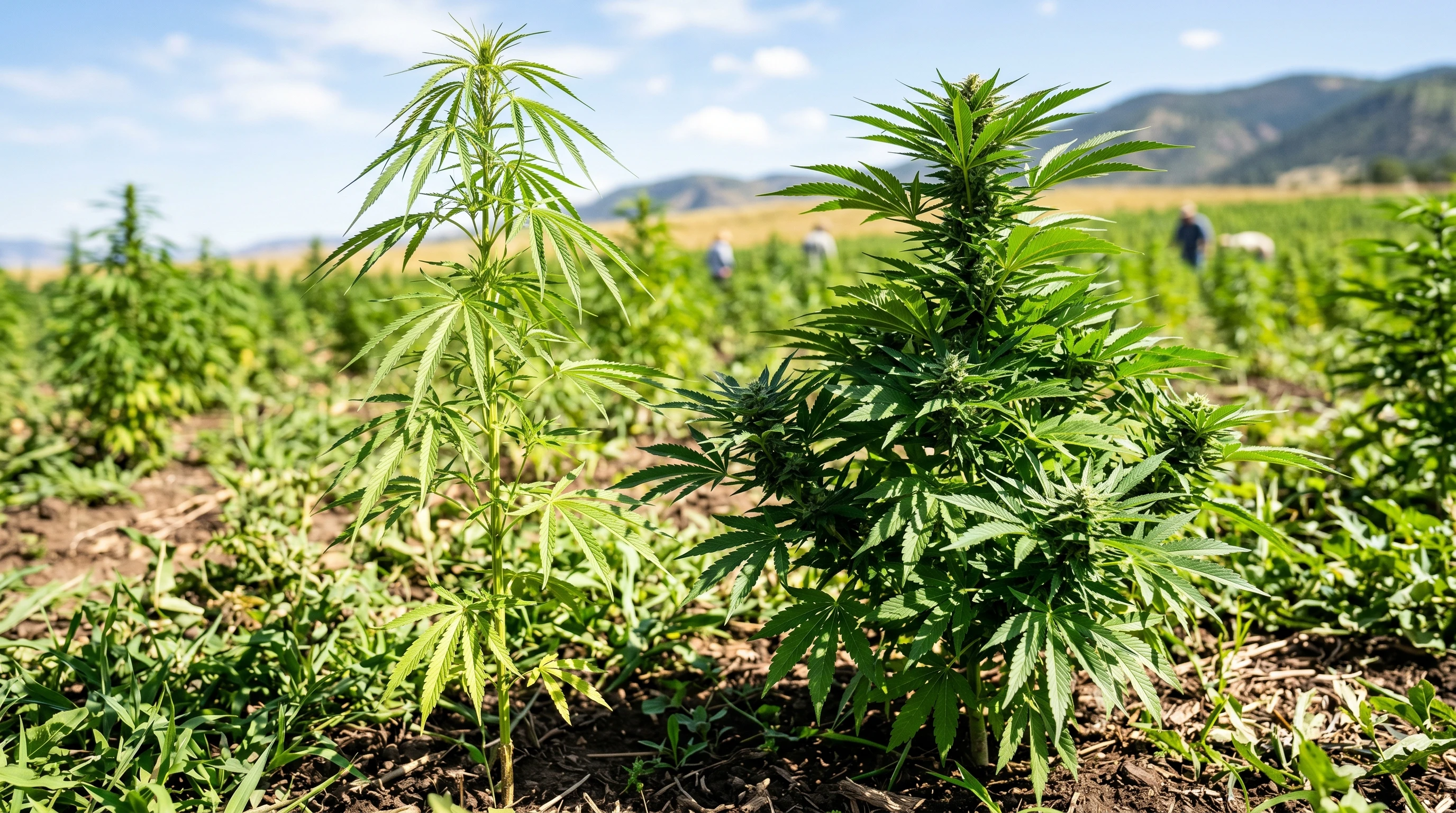 A close-up of hemp and cannabis plants growing side by side in a sunny field