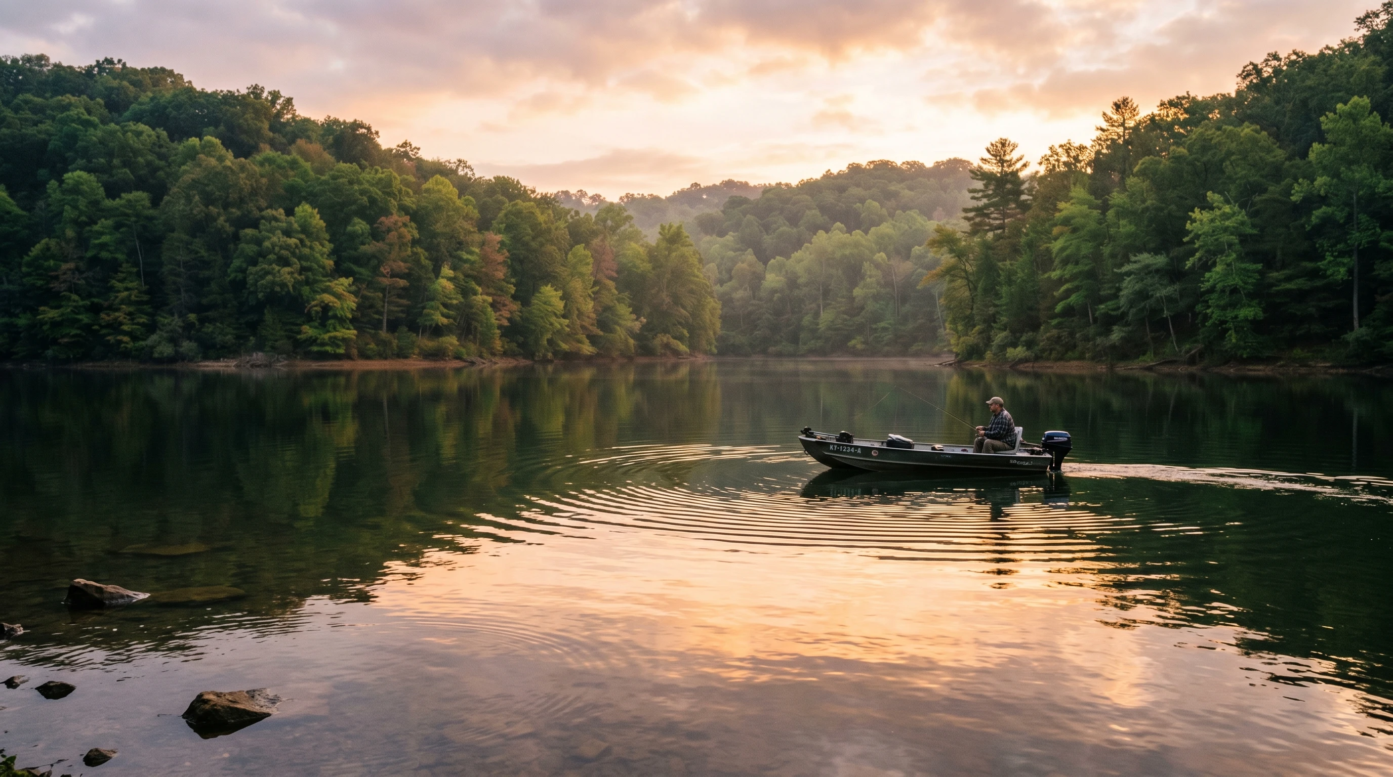 A peaceful Kentucky lake at sunrise, surrounded by lush forest, with a small fishing boat creating ripples on the calm water.