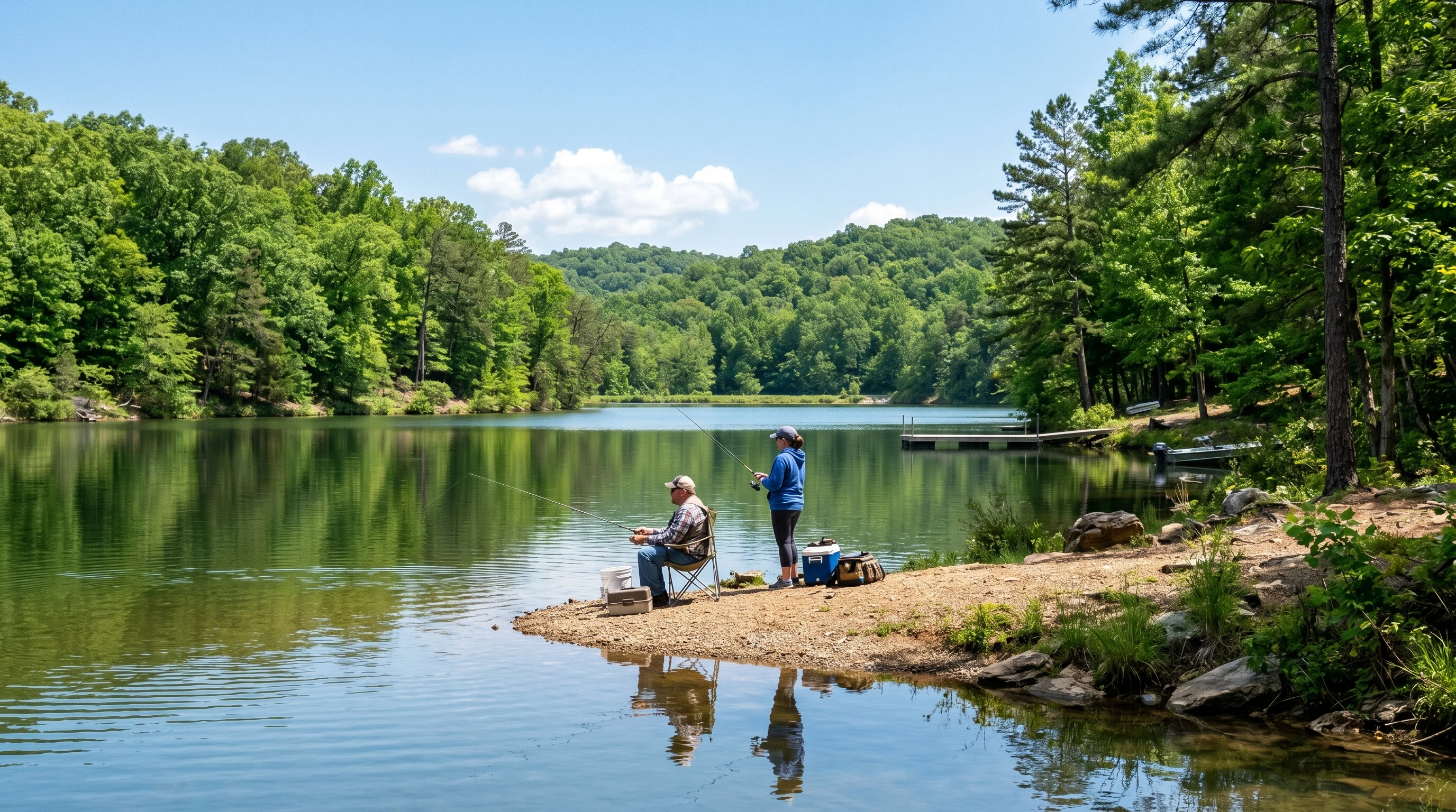 Anglers fishing from the bank of a tree-lined Kentucky neighborhood lake