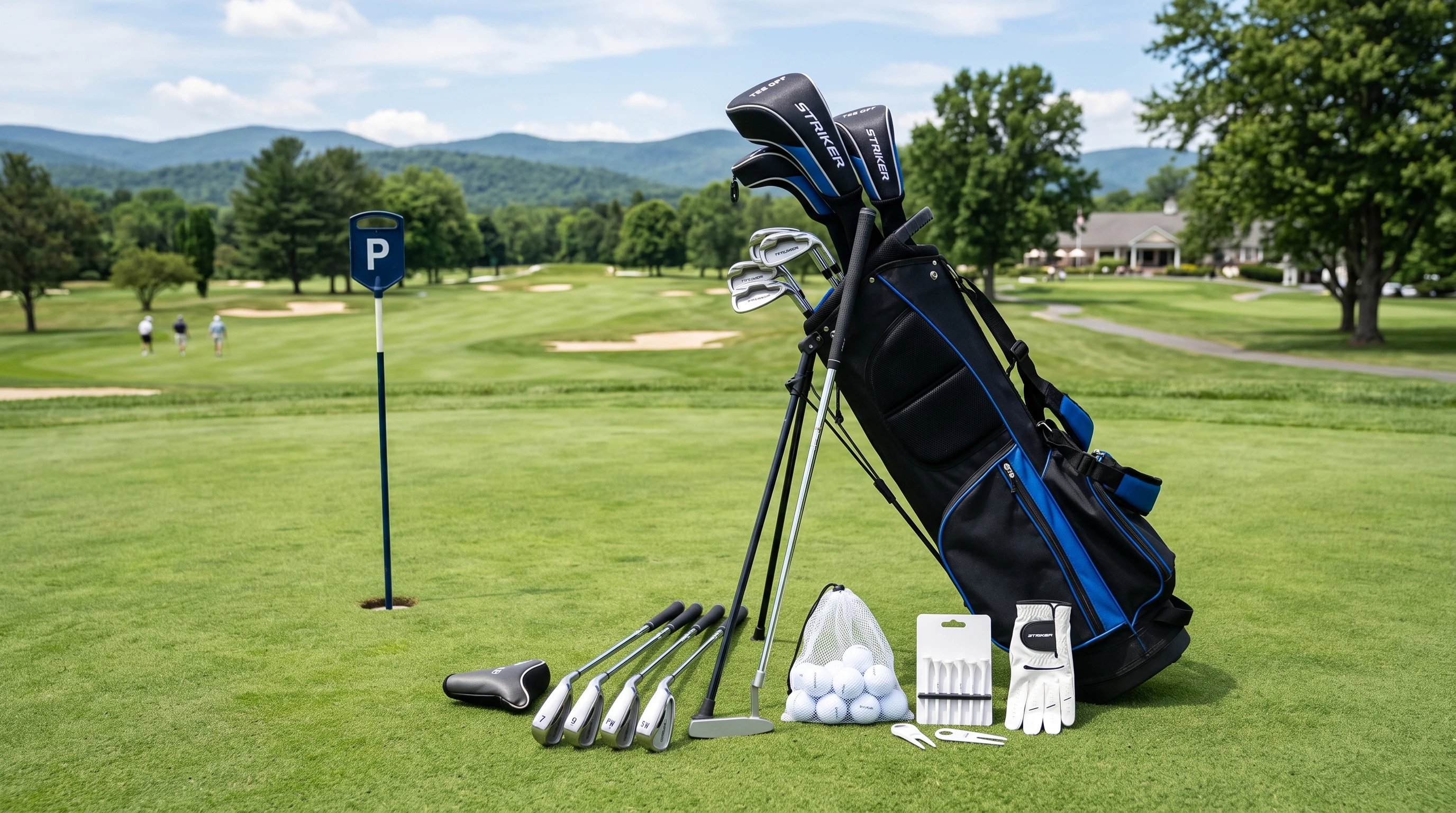 Affordable golf gear laid out on a course: clubs, balls, bag, and shoes neatly arranged next to a practice green