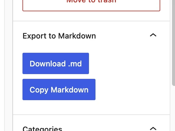 Screenshot of WordPress Markdown exporter in editor sidebar