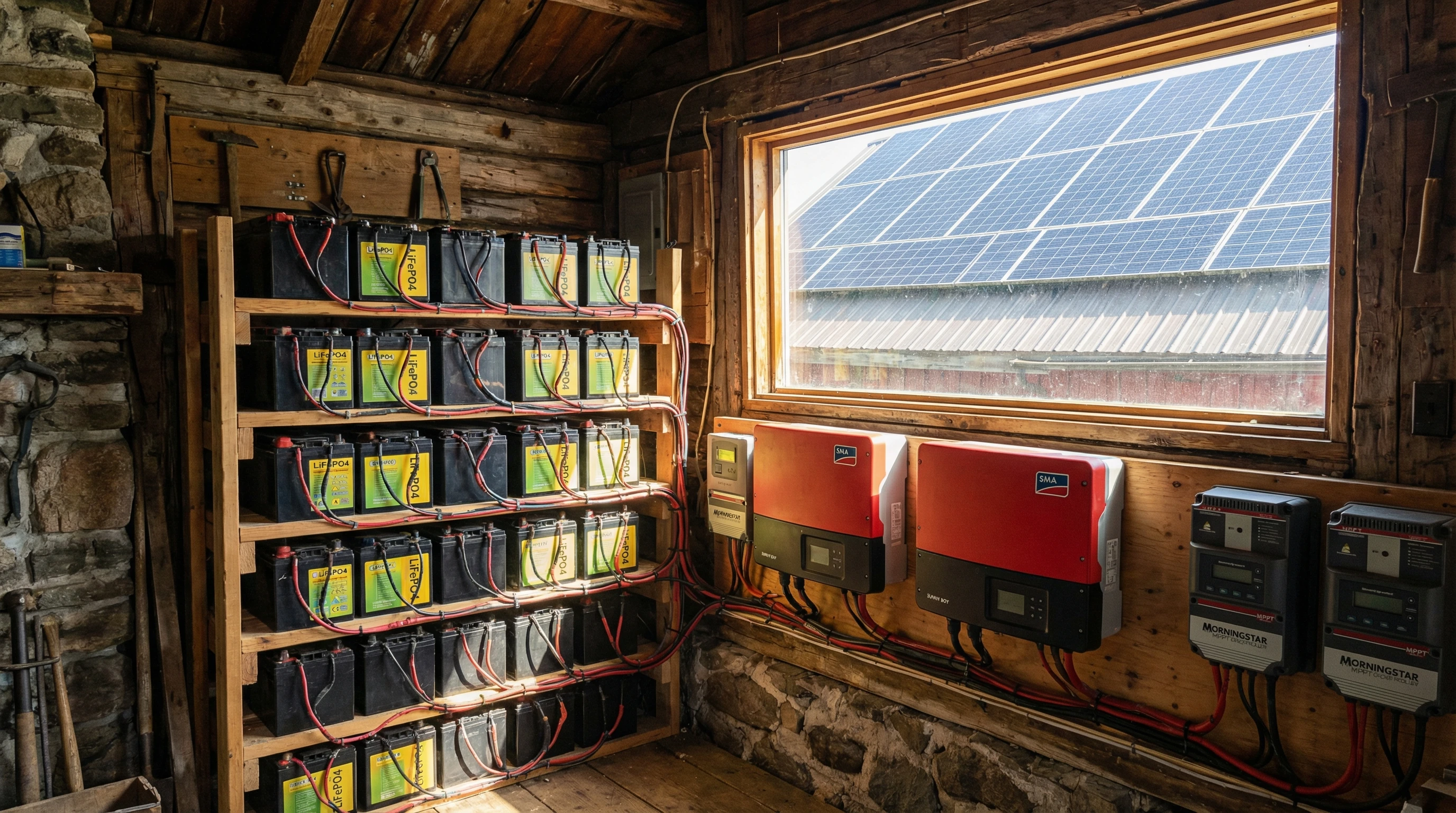 Large solar battery bank and inverters in off-grid cabin setting
