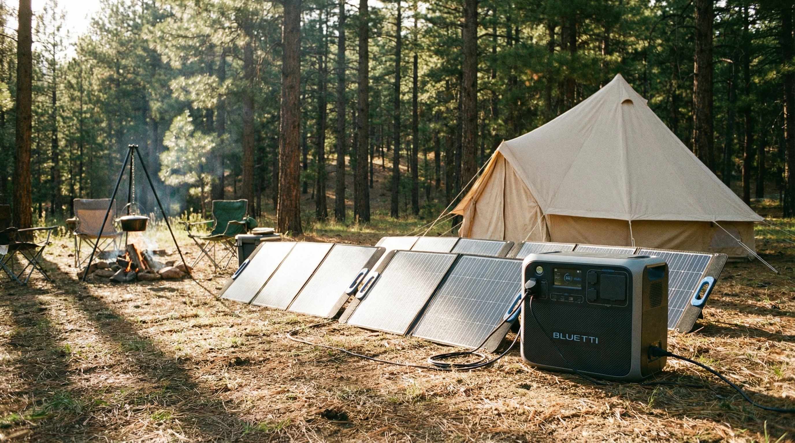portable solar generator setup at a campsite with a tent and pine forest in the background