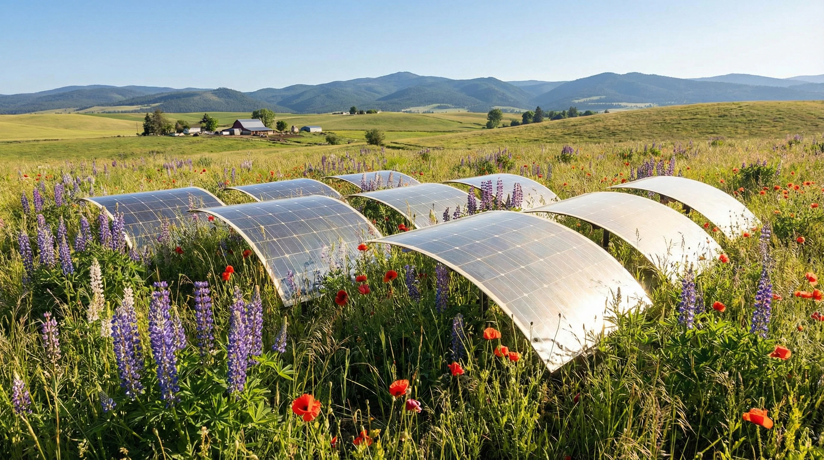 A field of next-generation solar panels soaking up the sun on a bright day. Panels are sleek and interspersed with flowering plants, showing modern design integrated with the landscape.
