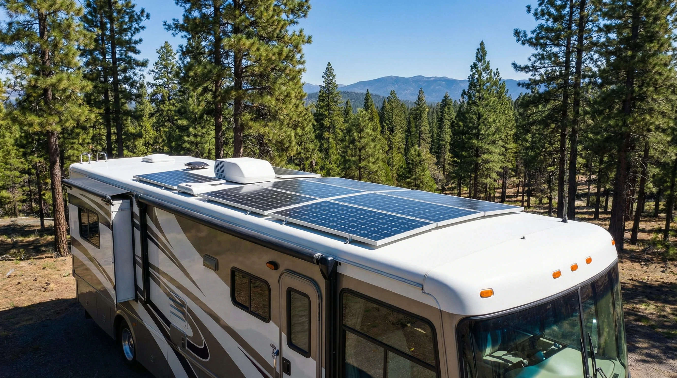 Solar panel setup on an RV roof, parked in a scenic campsite with trees and clear skies