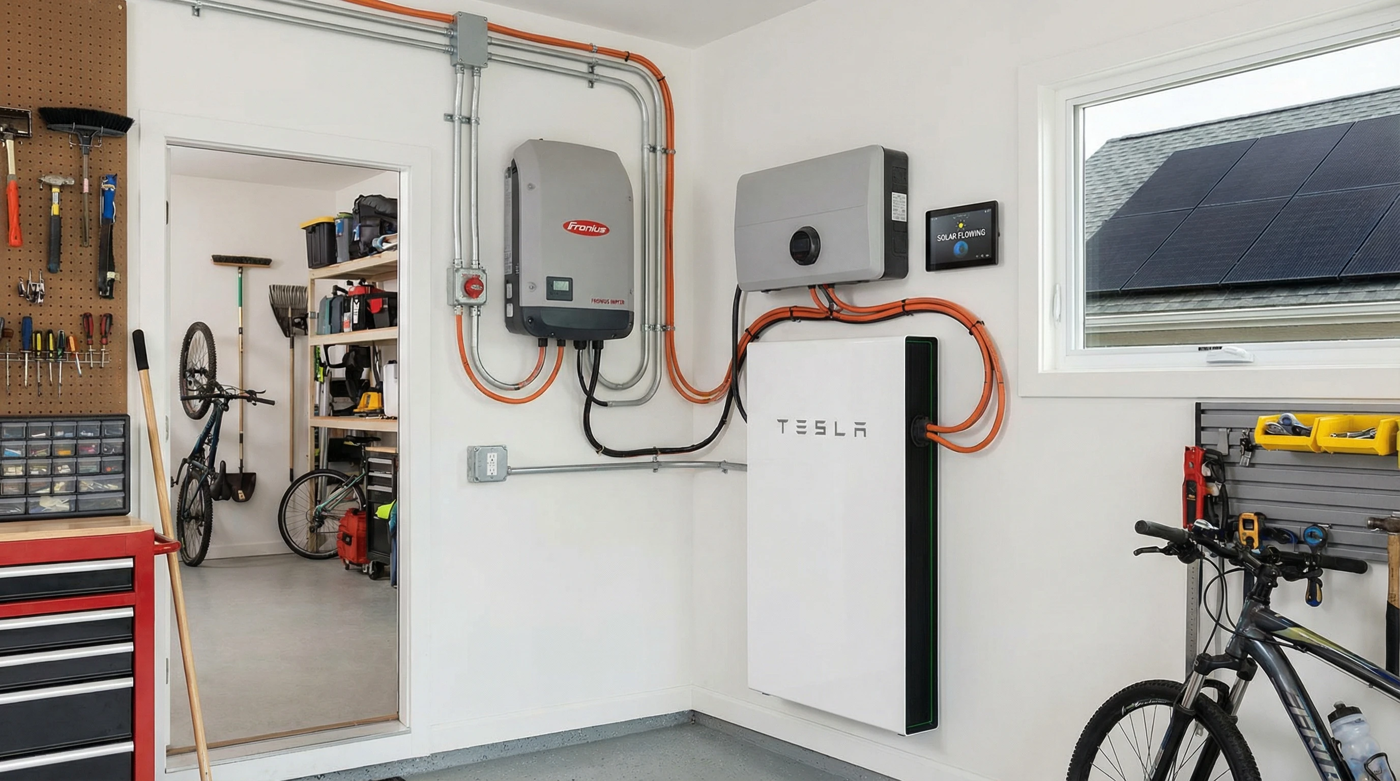 Home solar battery storage system connected to roof solar panels