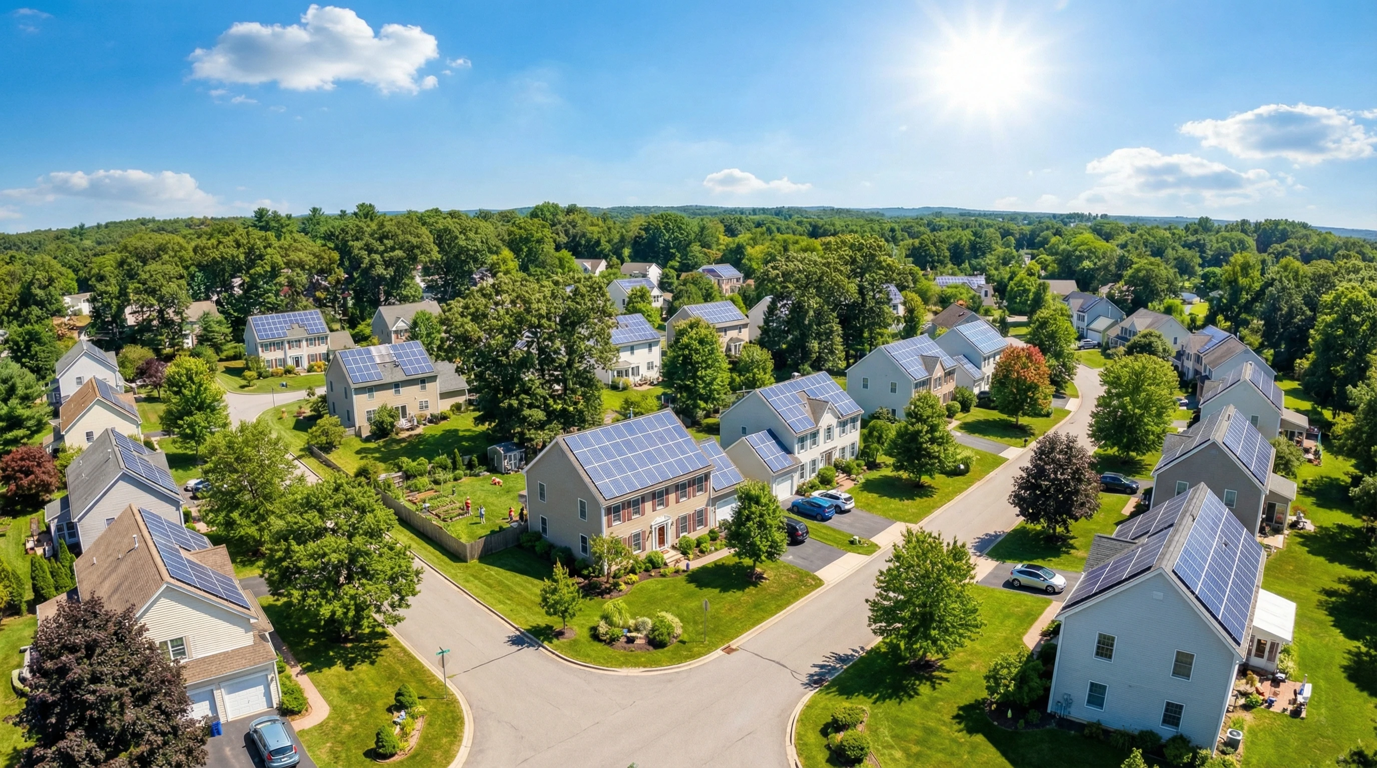 A group of residential homes with solar panels installed on rooftops surrounded by green lawns and trees under a sunny blue sky