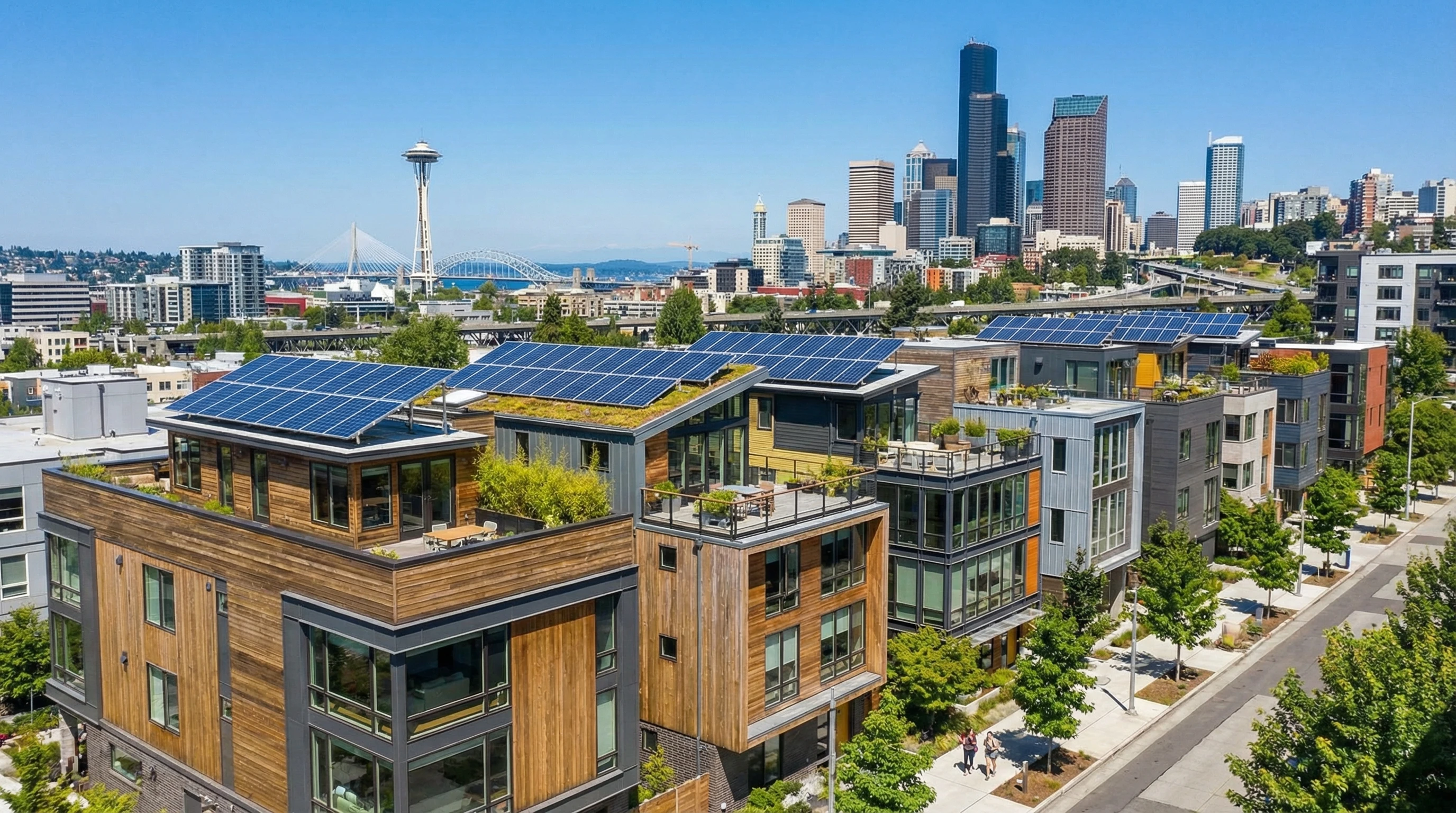 A row of urban homes with solar panels on their rooftops under a clear sky.