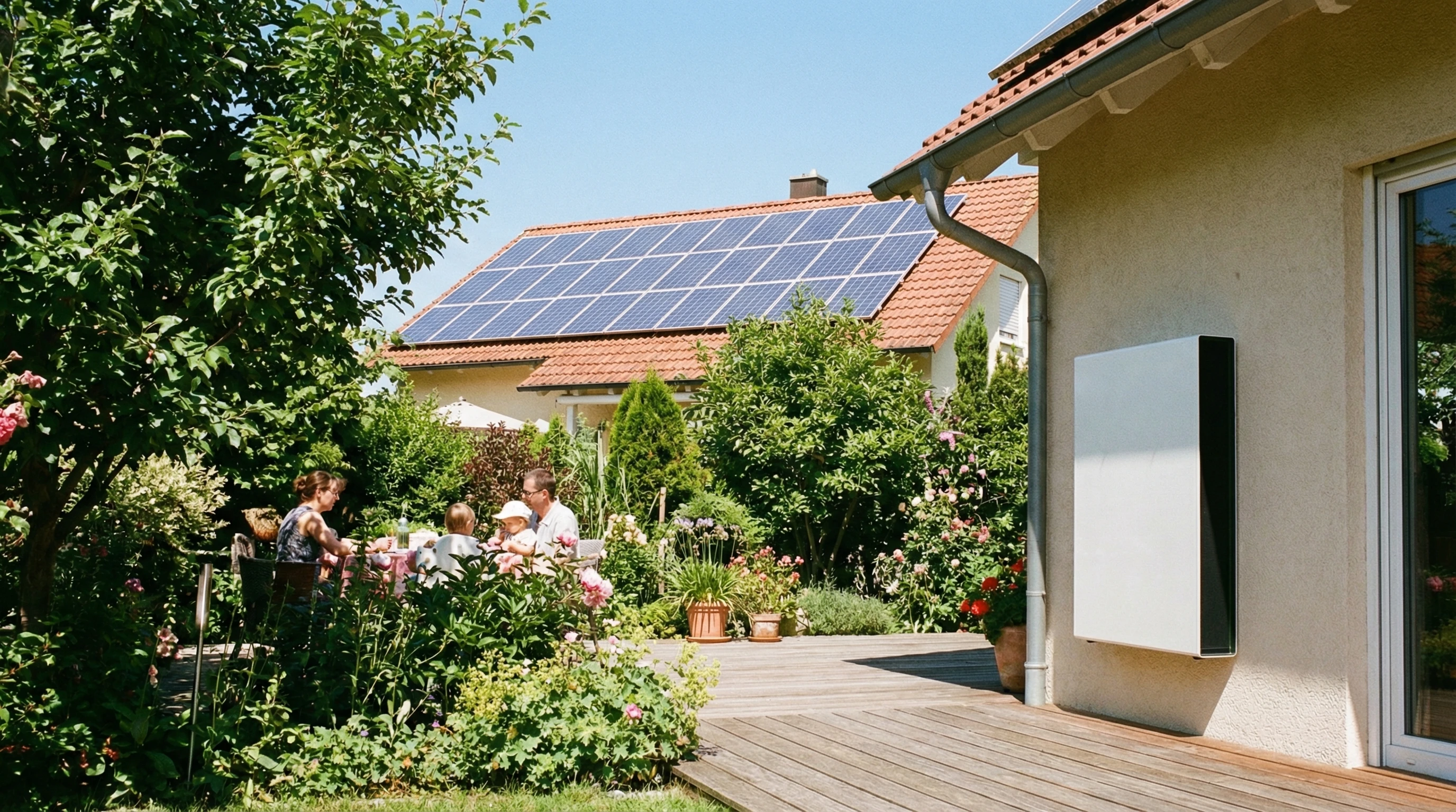 Solar panels with battery storage system in a sunlit residential backyard