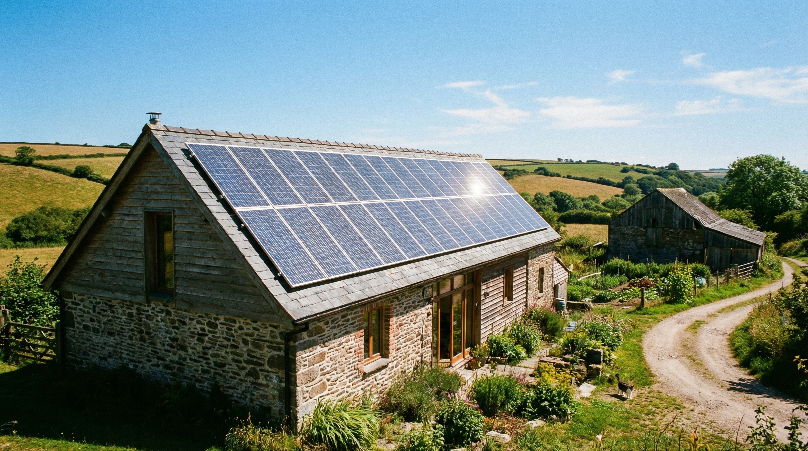 Array of solar panels on a rural homestead roof in bright sunlight with a clear blue sky background