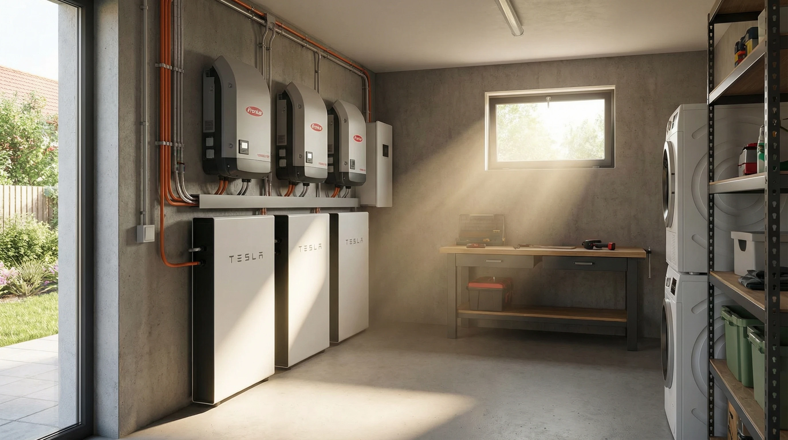 New solar batteries installed in a bright, modern home utility room, next to solar inverters and a wall panel display.