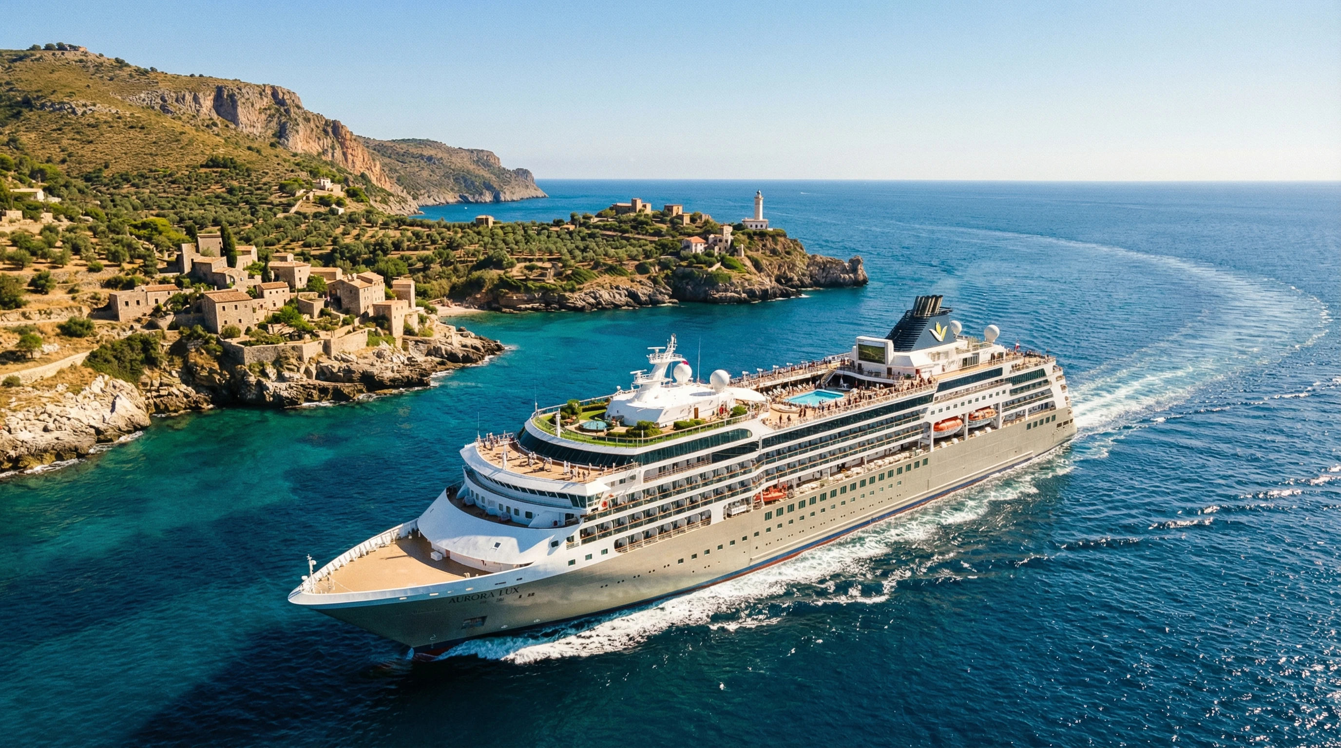 A luxury cruise ship gliding through the deep blue Mediterranean Sea, passing by a sunlit rocky coastline.