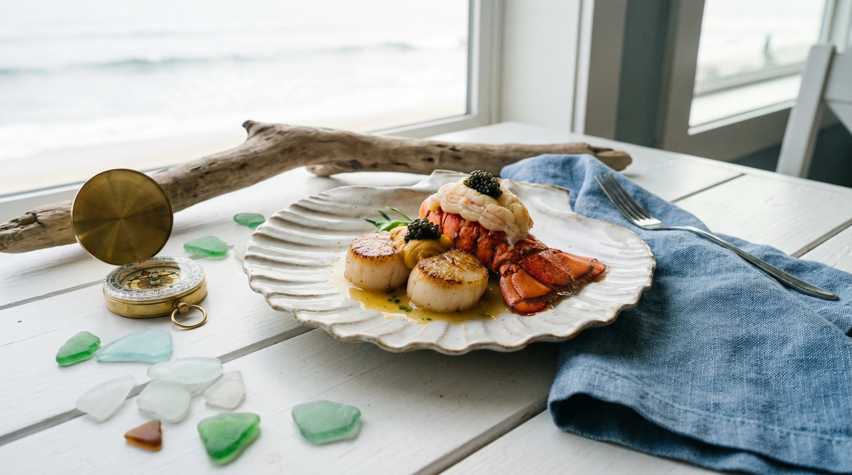 elegant gourmet seafood dish on a cruise ship table