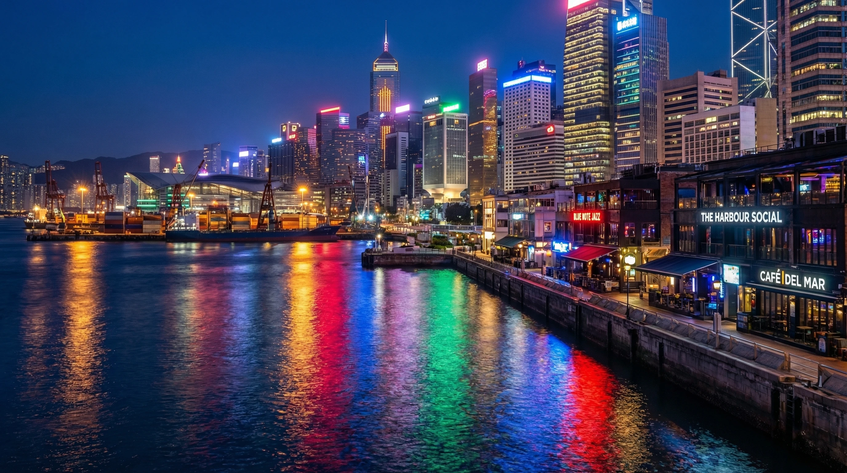 Aerial view of a vibrant port city at night with colorful lights and bustling waterfront