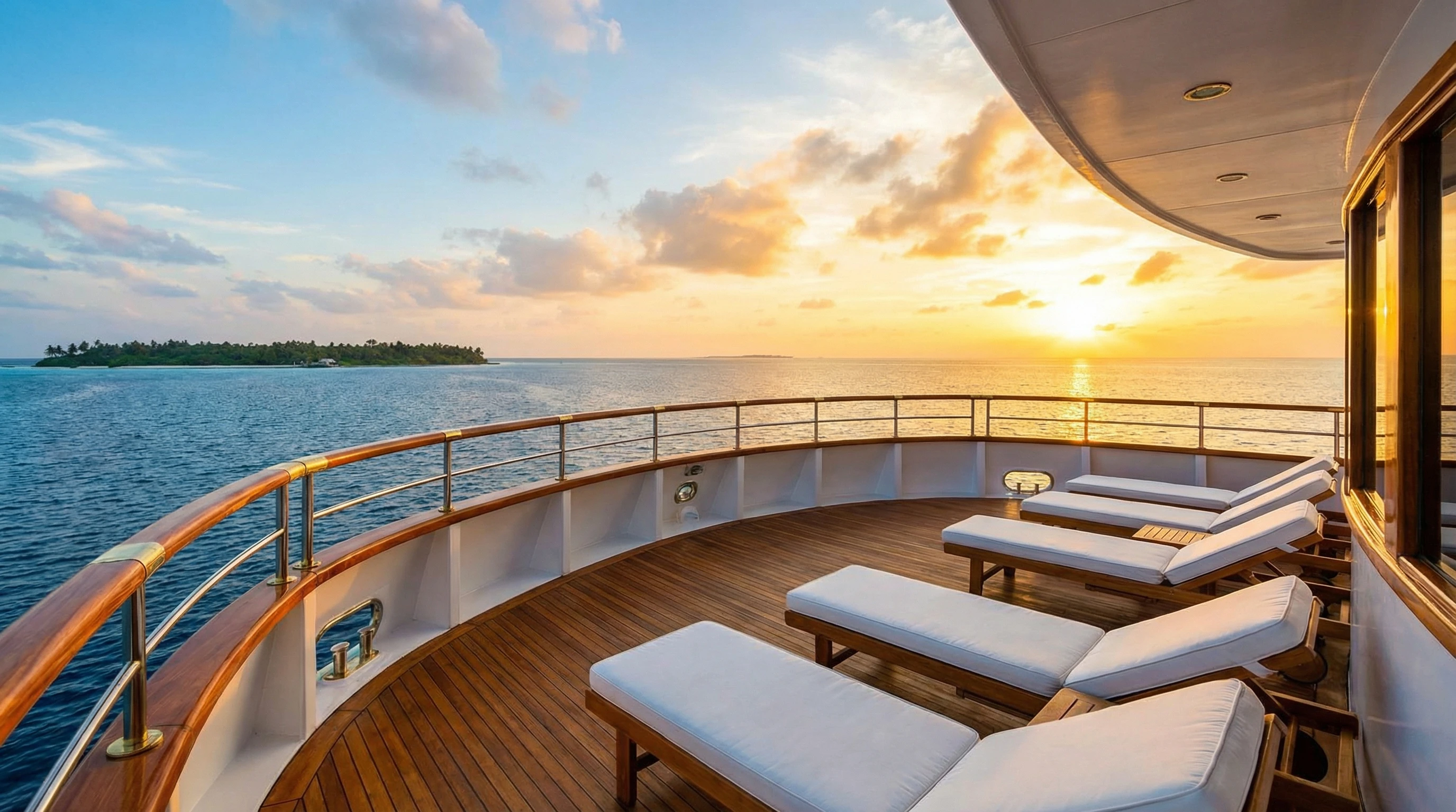 View from luxury cruise ship deck over the ocean at sunset