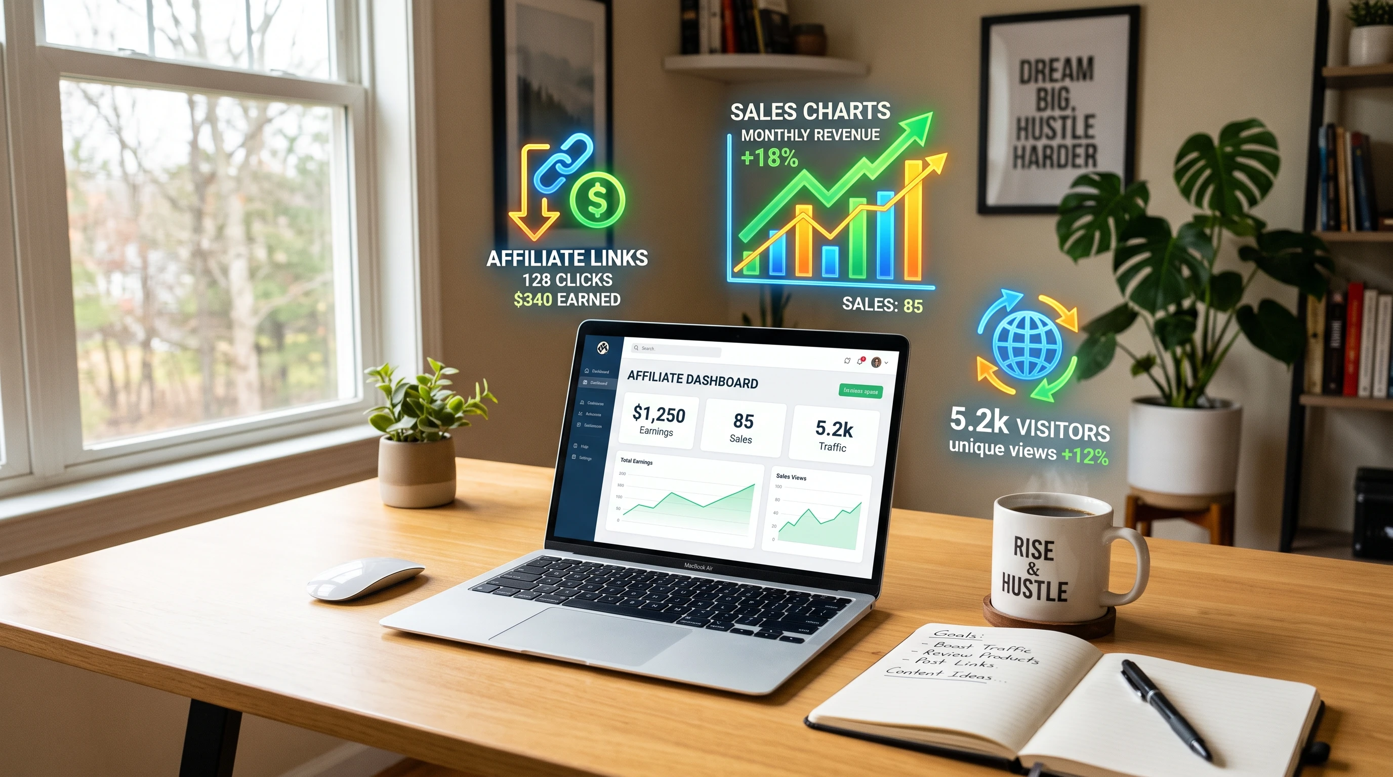 A bright desk setup with a laptop, notepad, and coffee cup, with affiliate marketing icons and graphs appearing above the workspace