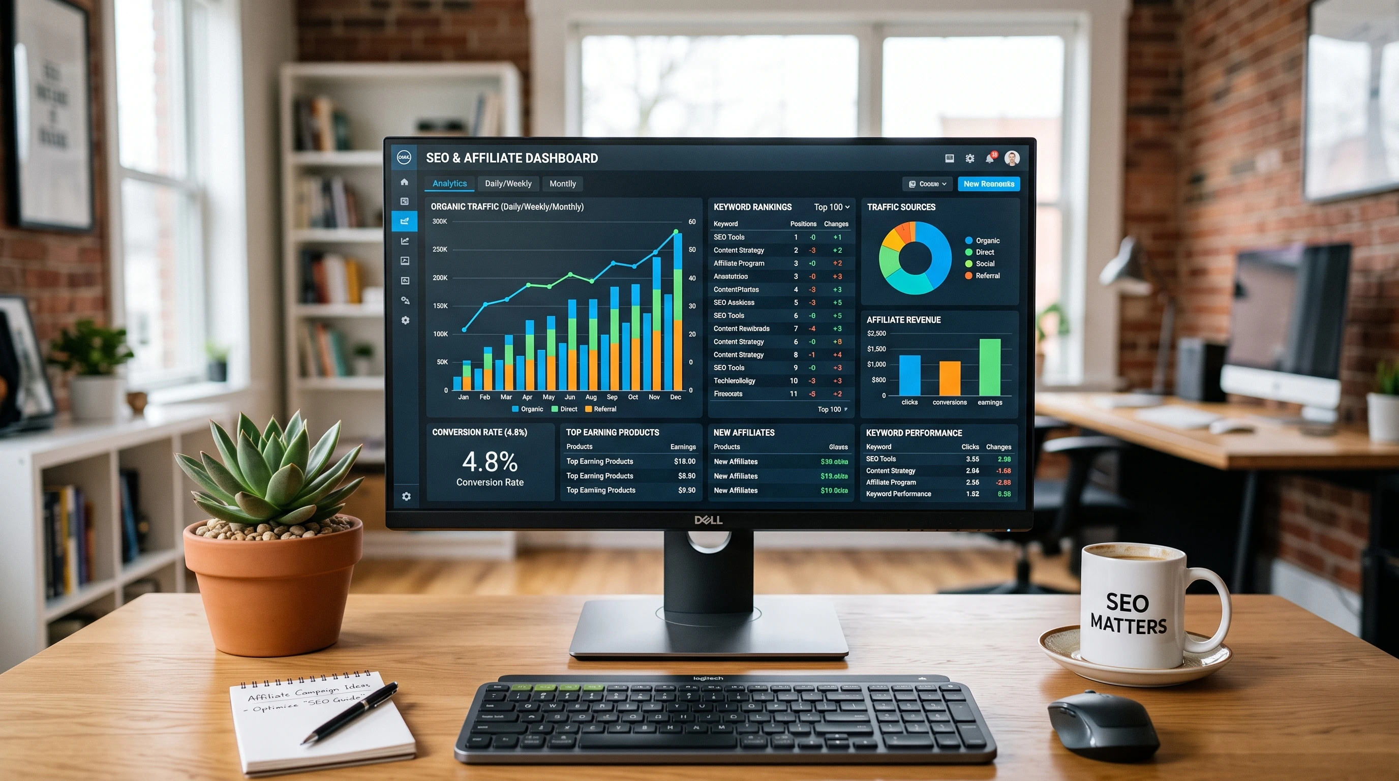 A computer monitor showing SEO analytics graphs and affiliate dashboard widgets, colorful charts, and keyword lists on the screen. Digital concept workspace with coffee cup and plants.