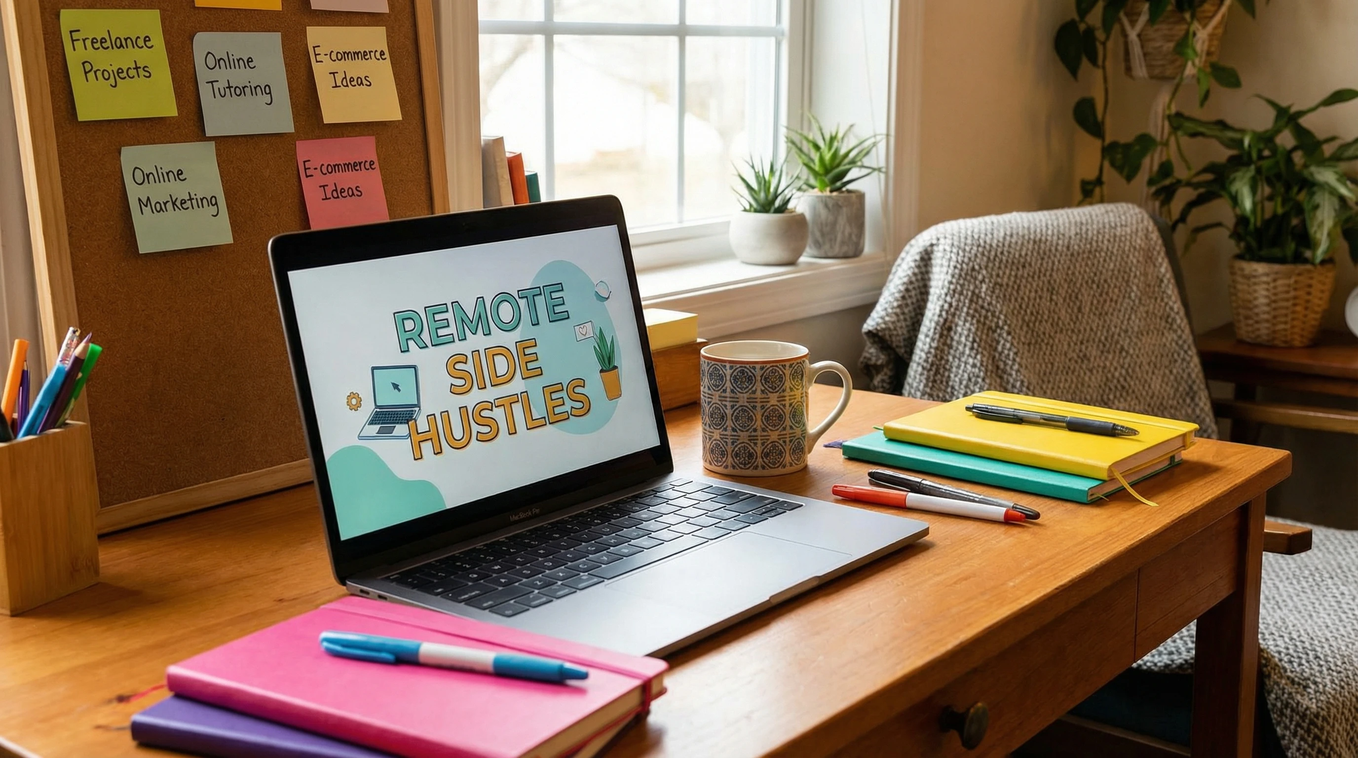 Colorful workspace with laptop and notebooks, representing flexible side hustles for parents.