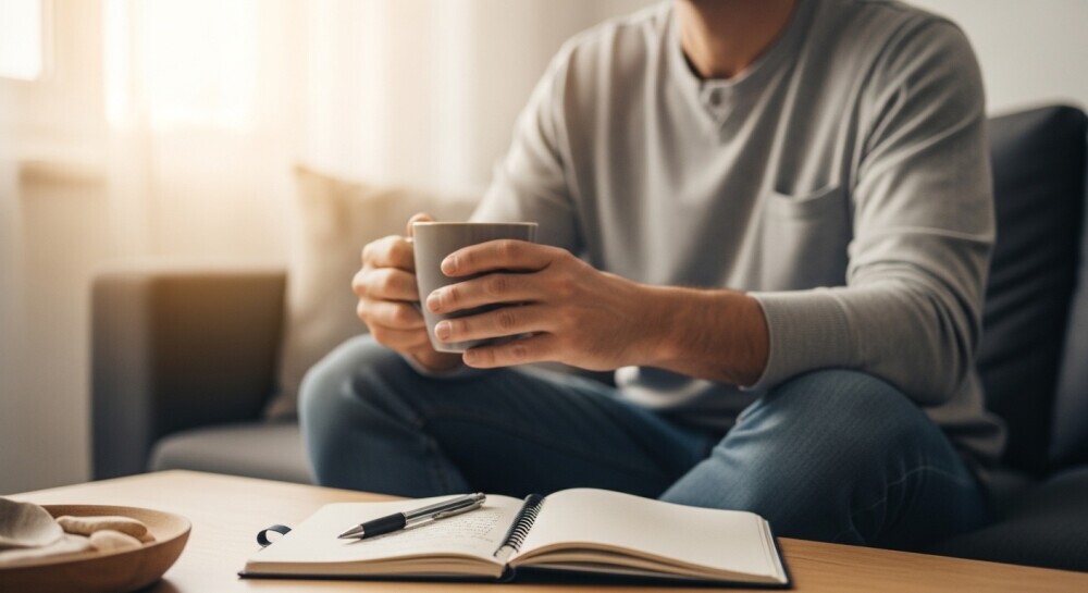 Parent celebrating blogging progress in calm home setting