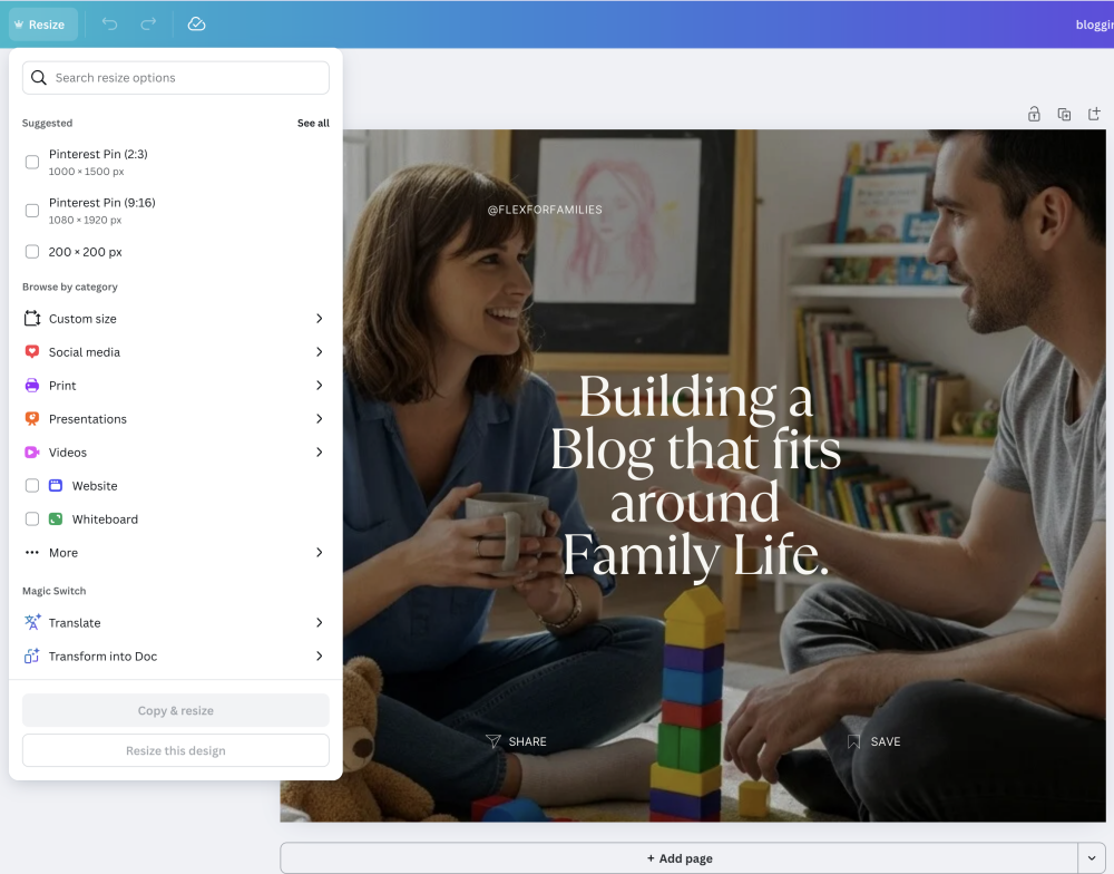 Canva Pro dashboard with premium features for bloggers.