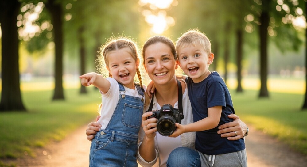 Parent involving family in blog content creation, taking photos and sharing ideas.