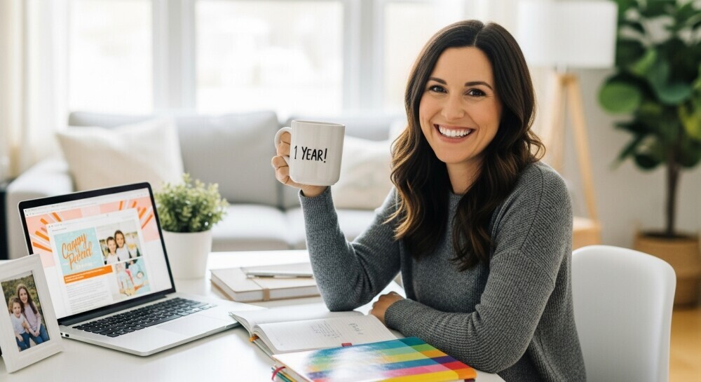 Parent blogger celebrating milestone on home workspace