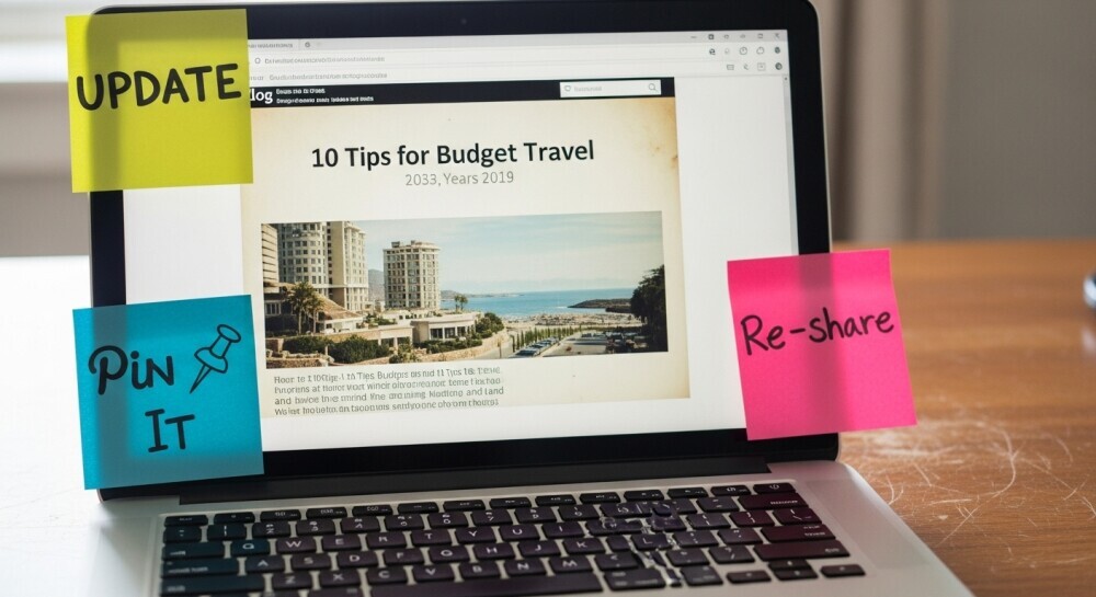 Laptop showing a blog post draft with planning notes around it — refreshing old content.