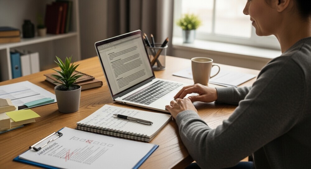 Parent working on freelance tasks from home, balancing flexible hours with family life.