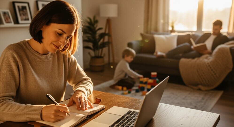 Parent typing on a laptop at home while child plays nearby, showing real-life work-from-home balance.