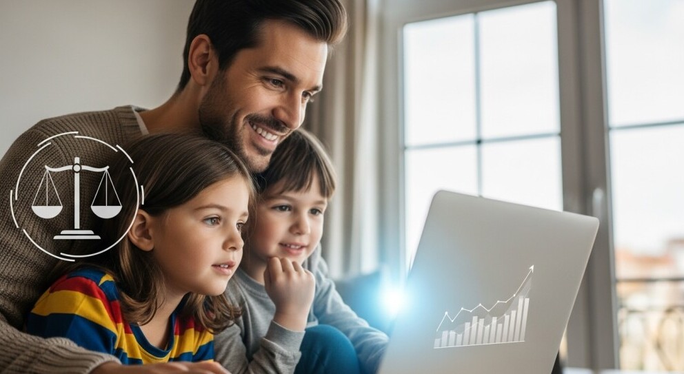 Parent blogger working calmly while child sits nearby, representing family balance.