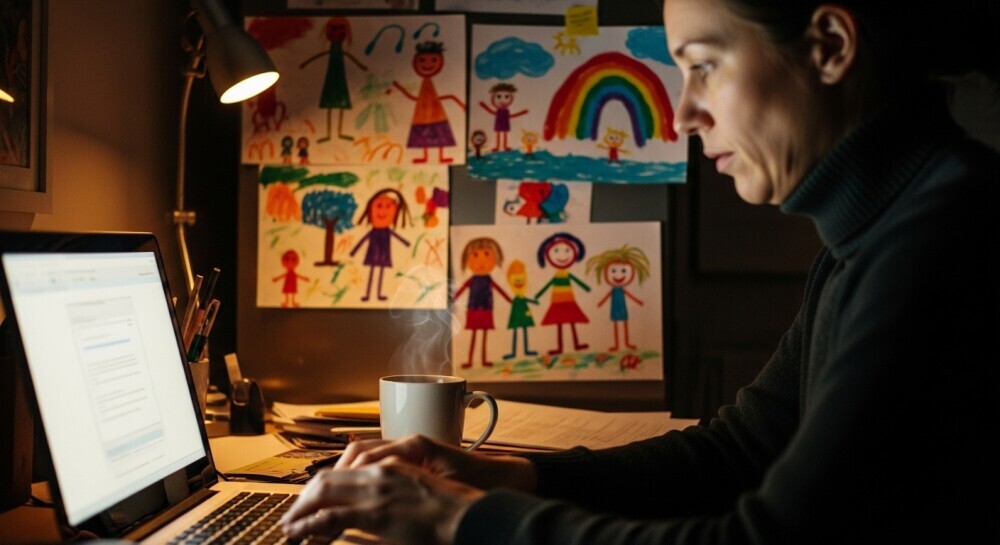 Parent writing blog post during quiet family evening