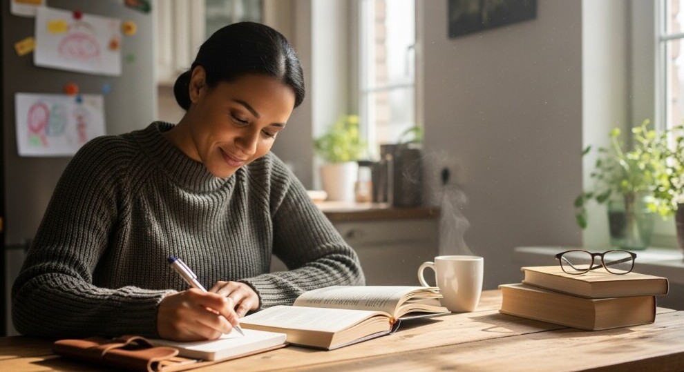 Parent reflecting on online parenting advice while balancing family life