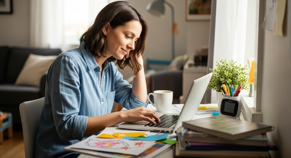 Parent blogger writing at home during nap time with laptop and coffee
