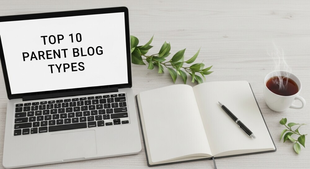 Laptop and notes used for researching different types of parent blogs