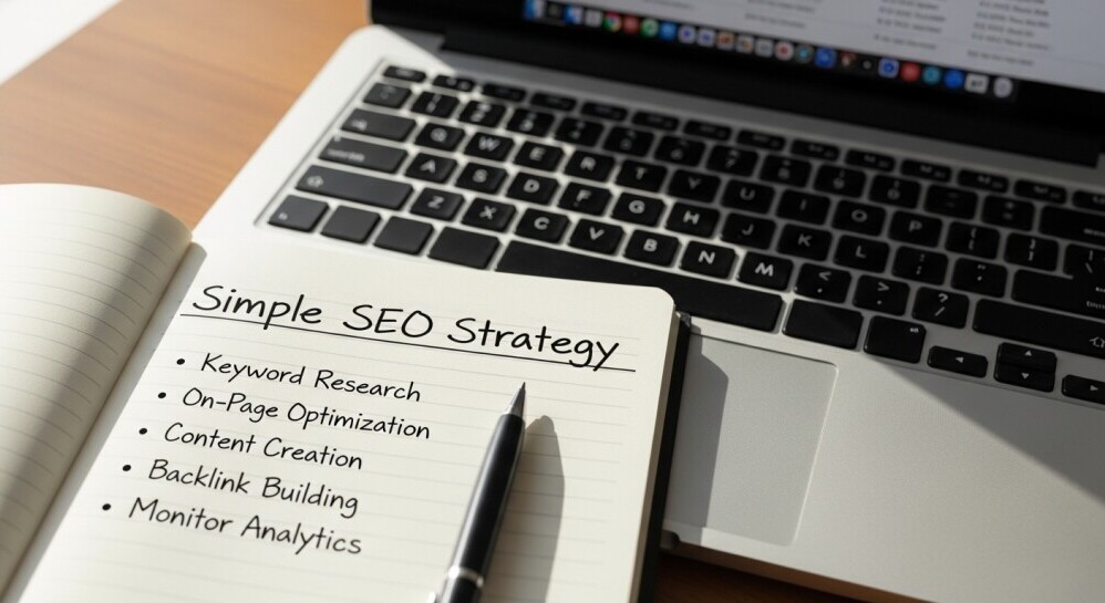 Simple SEO strategy written on notepad beside laptop