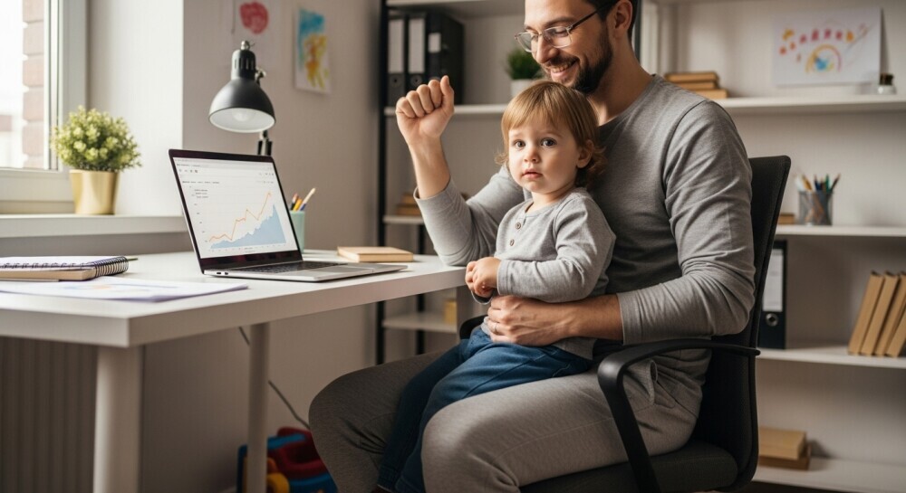Parent celebrating small SEO win while working from home