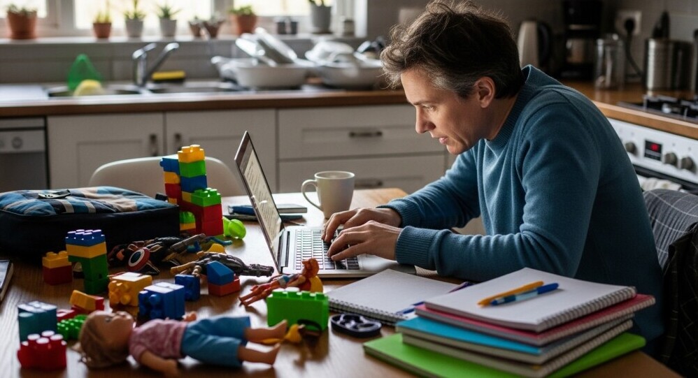 Parent blogging from home while managing family life and distractions.