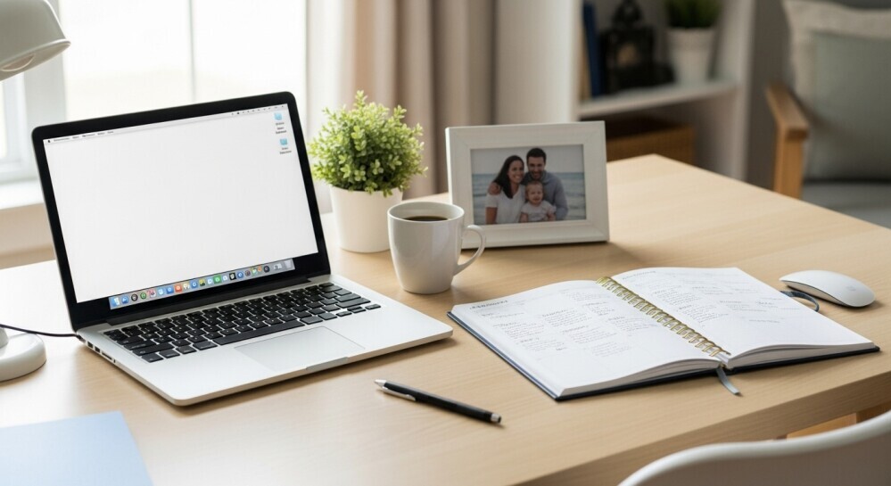 Parent blogger home office setup with blog tools ready for work.