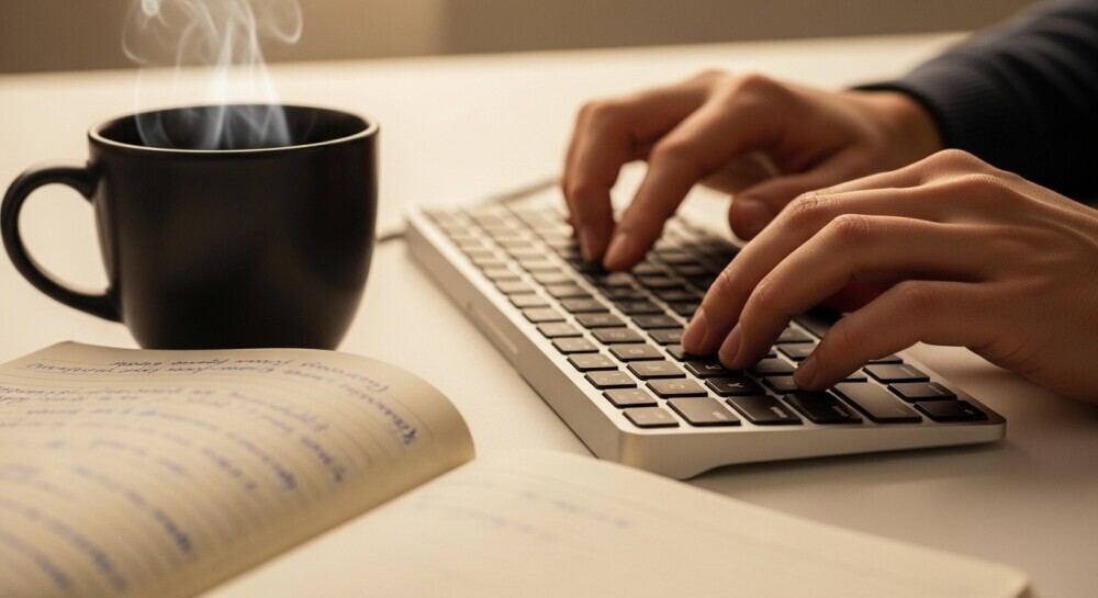 Parent writing helpful blog posts from home with notes beside laptop.